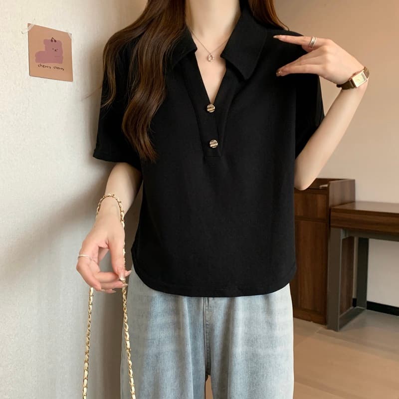 실사 빅 사이즈 여성 의류 레트로 POLO 칼라 허리 수축 슬림해 보이는 티셔츠 여름 통통한 여동생 캐주얼 맨위 1521 상세 이미지 8