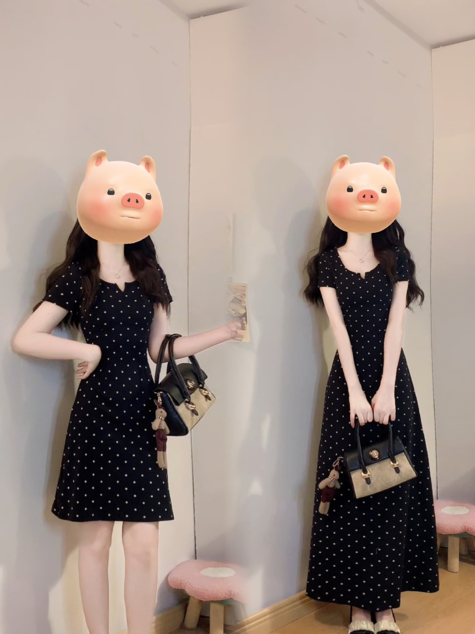 실사 빅 사이즈 검정색 도트 무늬 여성 드레스 여름 한 부서 허리 수축 슬림해 보이는 V넥 반팔 치마 6001 이미지 2