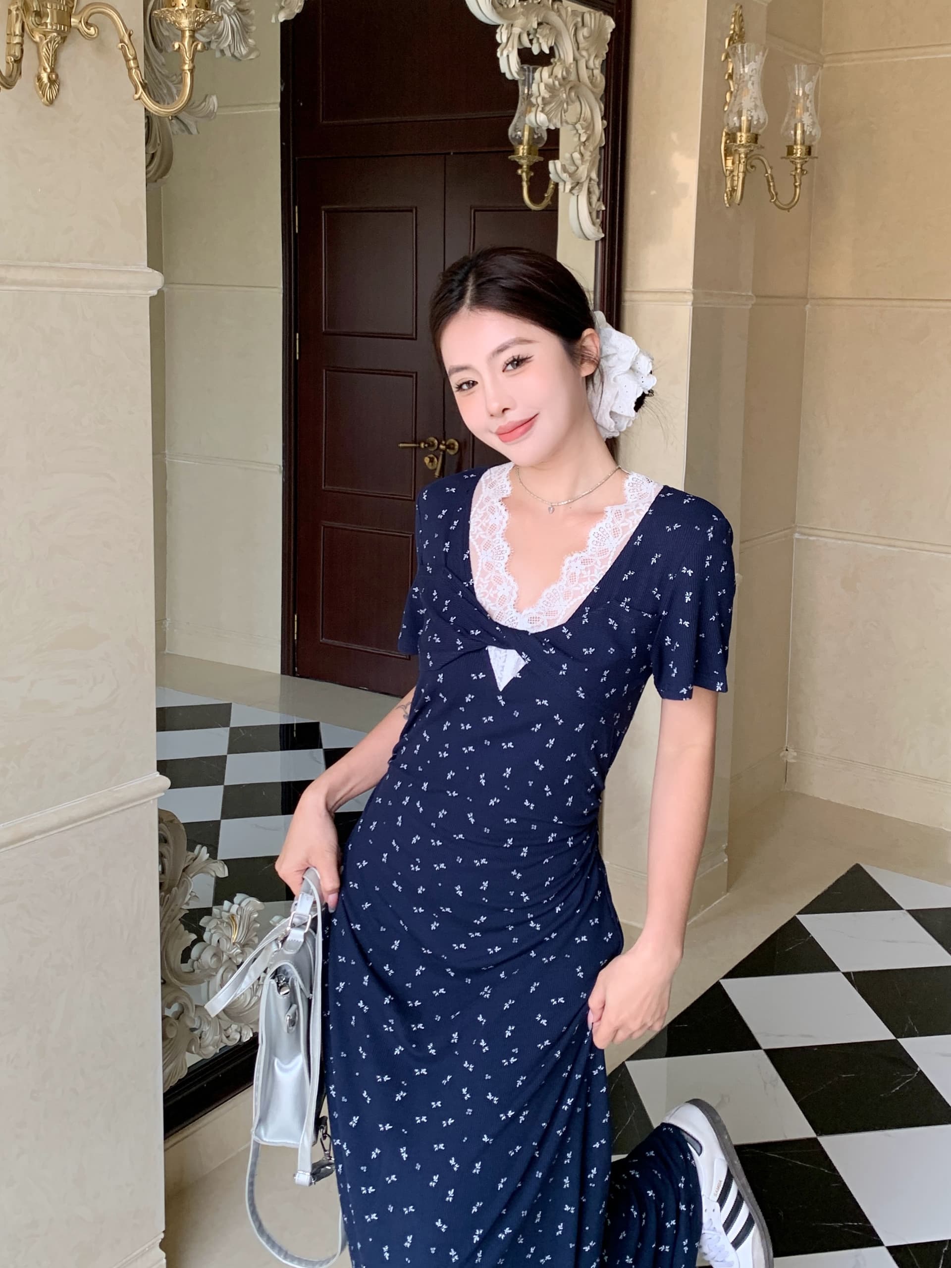 실사 빅 사이즈 V넥 레이스 조각 꽃무늬 여성 드레스 여름 마이크로 지방 빅 사이즈 슬림해 보이는 롱 스커트 1871 상세 이미지 16