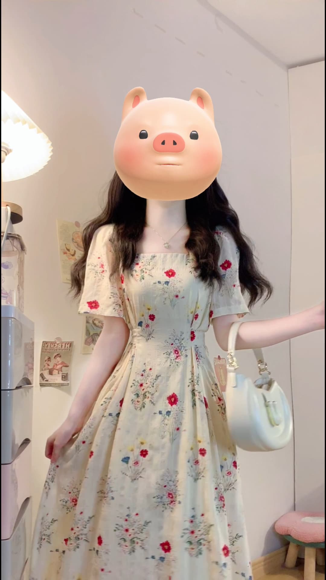 실사 빅 사이즈 여름 새로운 프랑스식 품격 광장 칼라 꽃무늬 슬림해 보이는 중간 길이 휴가 바람 치마 6007 상세 이미지 8