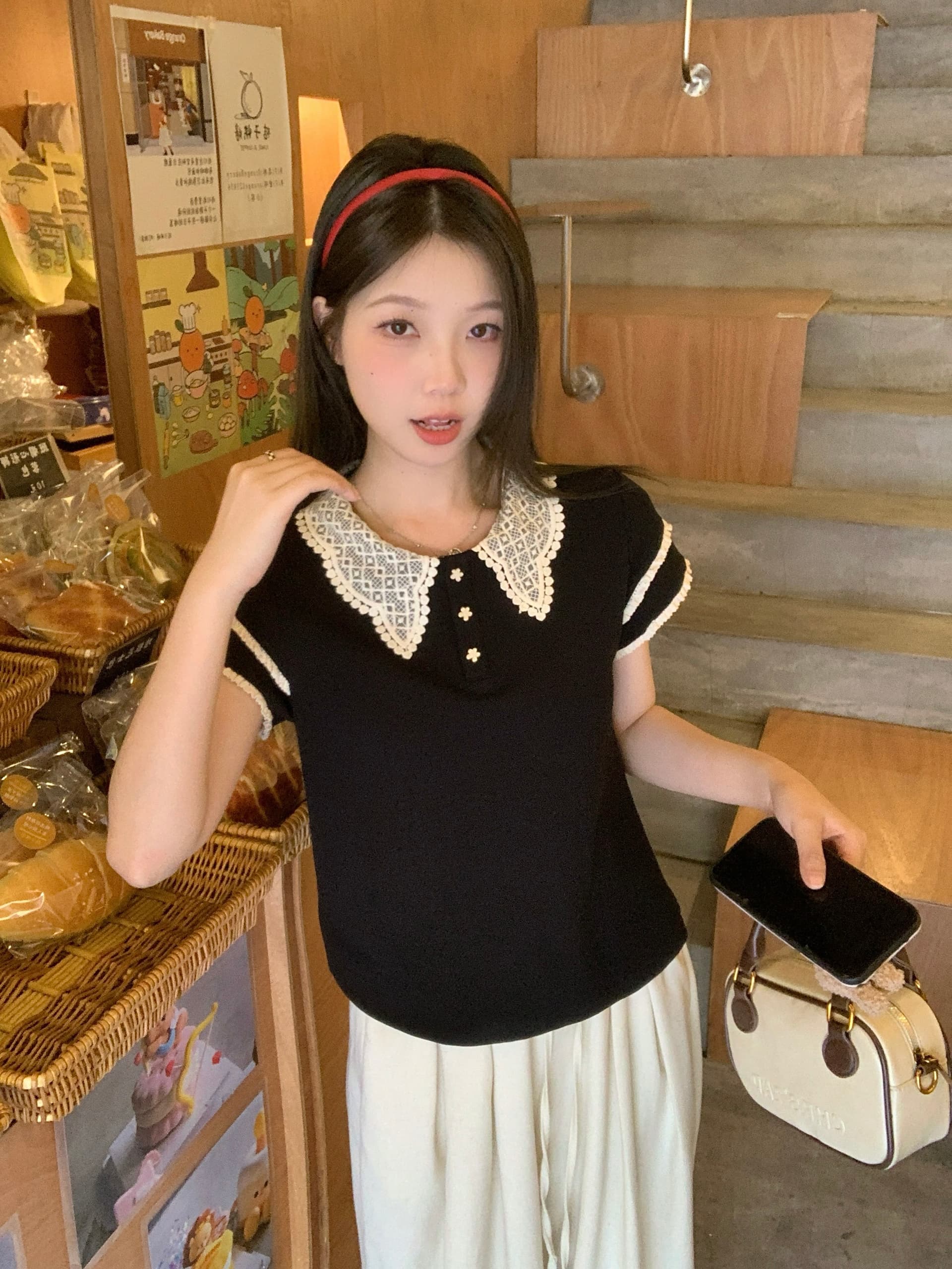 실사 빅 사이즈 달콤함 학원 스타일 레이스 칼라 패치워크 색상 폴로 칼라 슬림해 보이는 품격 반팔 티셔츠 여성 여름 1863 상세 이미지 9