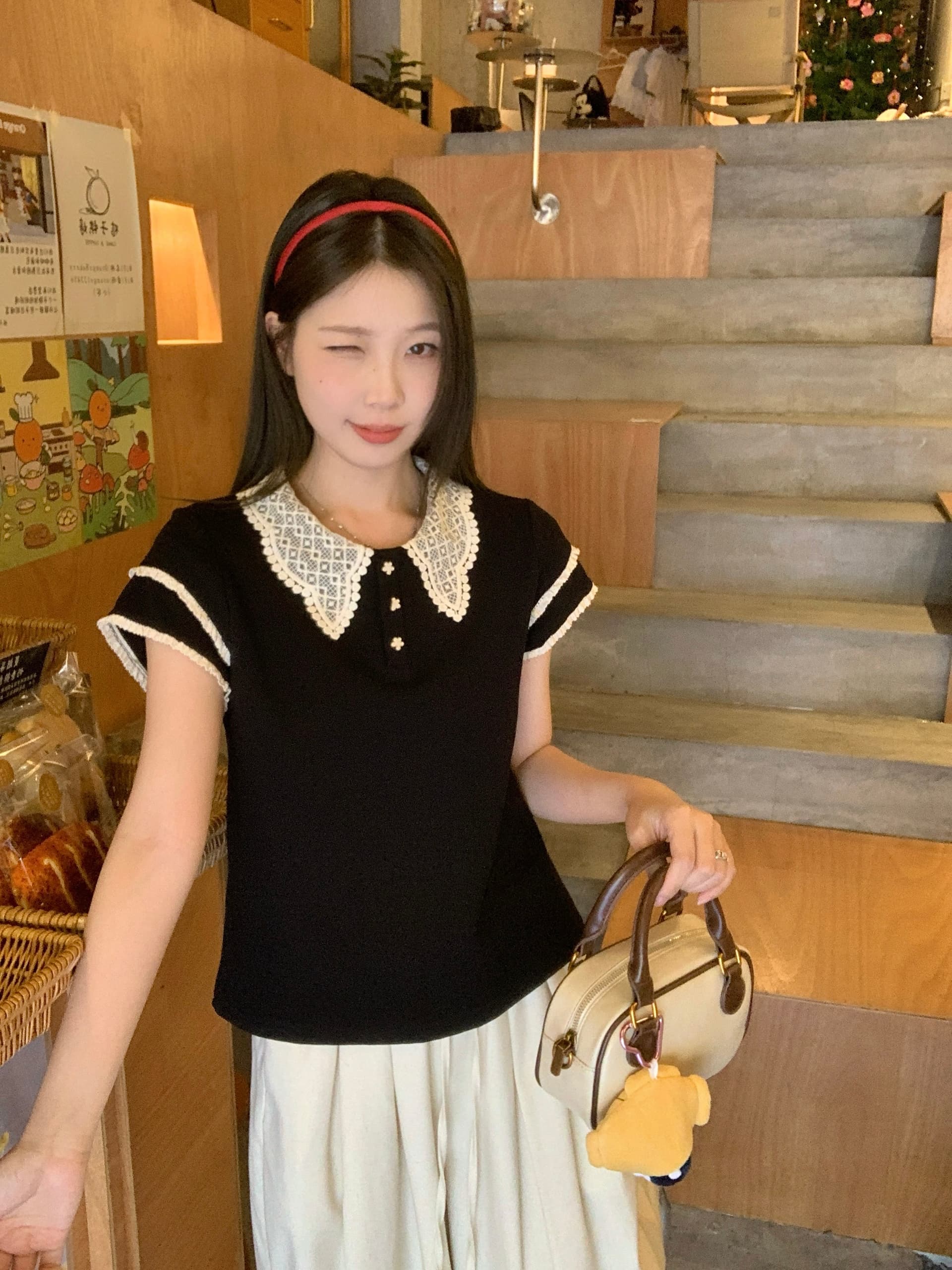 실사 빅 사이즈 달콤함 학원 스타일 레이스 칼라 패치워크 색상 폴로 칼라 슬림해 보이는 품격 반팔 티셔츠 여성 여름 1863 상세 이미지 13