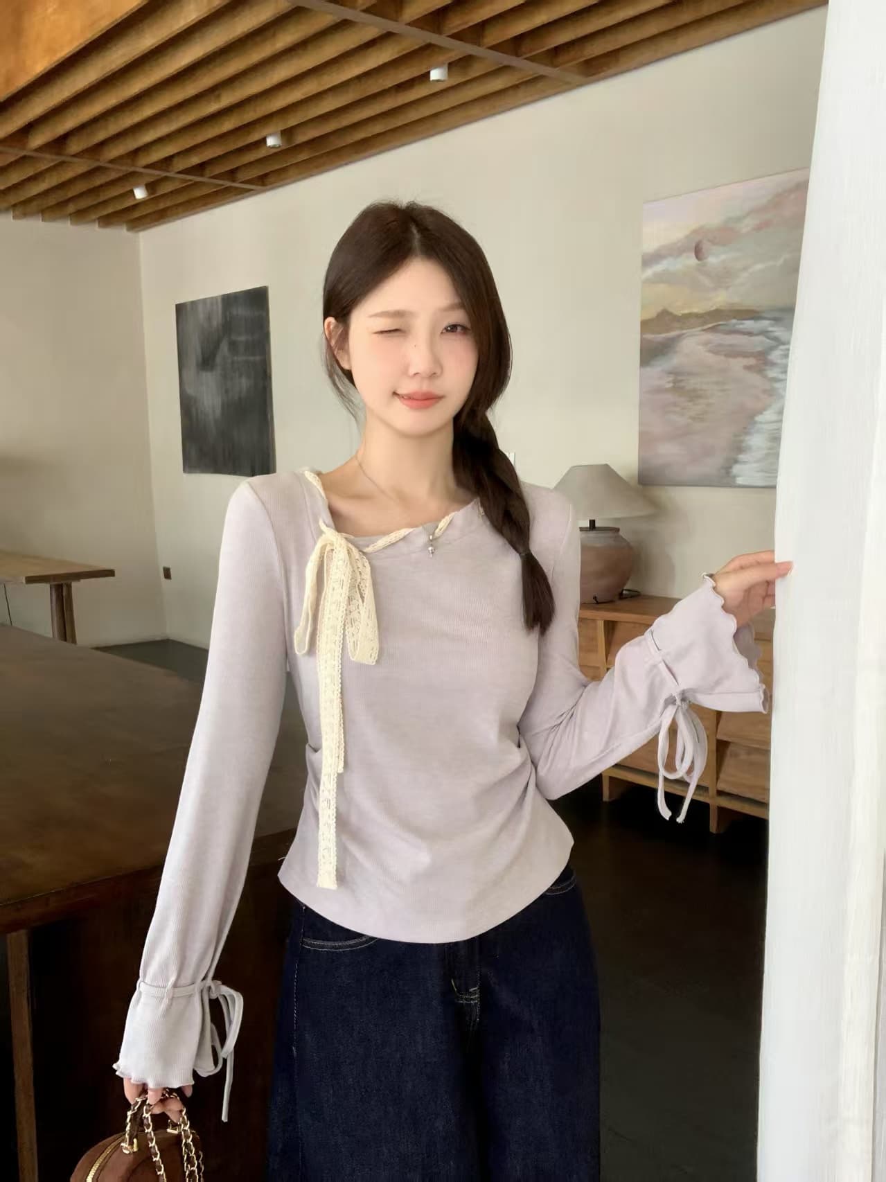 실사 빅 사이즈 프랑스식 보라색 비스듬한 칼라 긴팔 티셔츠 여성 봄 나비 넥타이 기본 셔츠 맨위 6066 상세 이미지 2