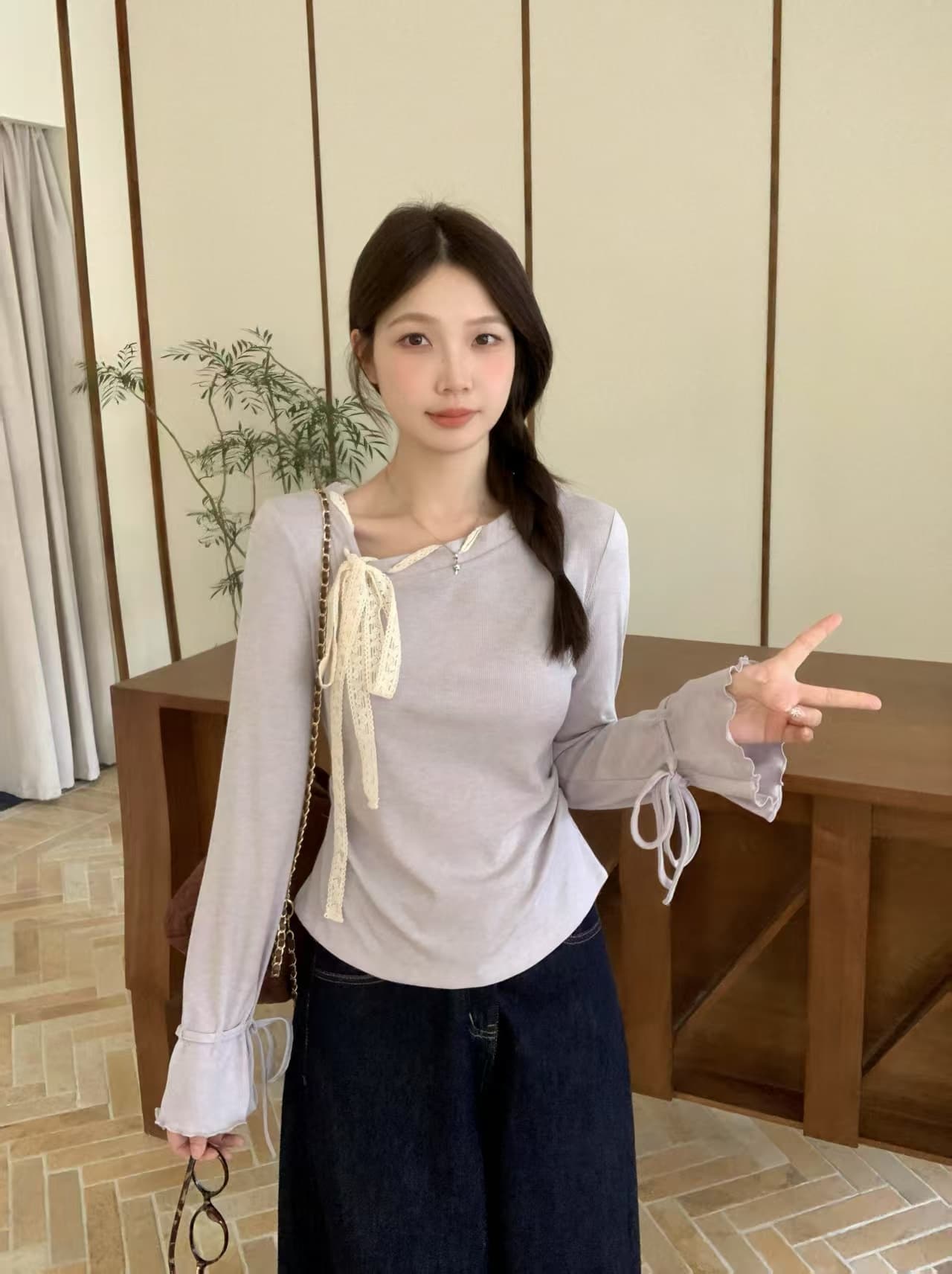 실사 빅 사이즈 프랑스식 보라색 비스듬한 칼라 긴팔 티셔츠 여성 봄 나비 넥타이 기본 셔츠 맨위 6066 상세 이미지 5