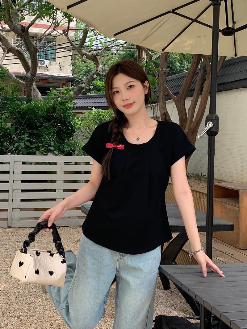 실사 빅 사이즈 여름 섹션 한국 스타일 디자인 센스 플리츠 반팔 티셔츠 여성 연령 감소 도루 센스 맨위 여성 1667 상세 이미지 27