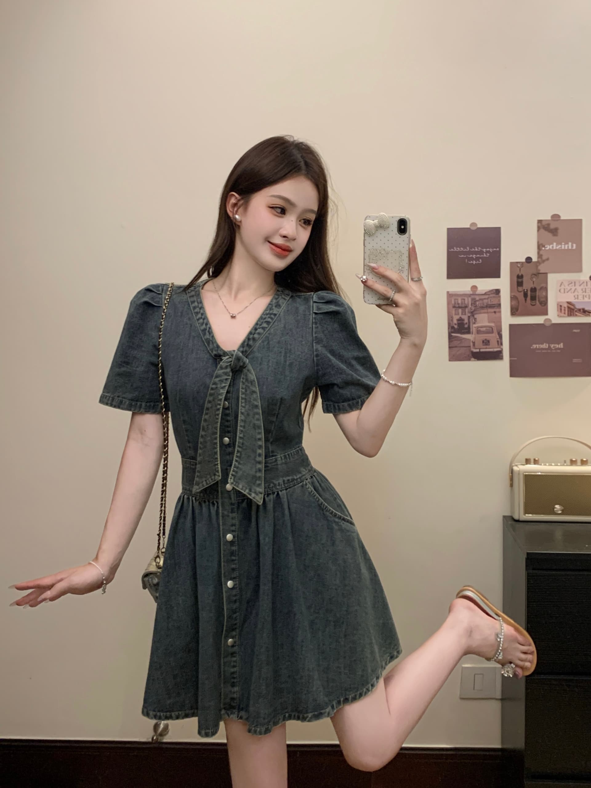 실사 빅 사이즈 여름 새로운 프랑스식 그는 벤 바람 레트로 V넥 몸매 가꾸기 슬림해 보이는 여성 드레스 1897 상세 이미지 4