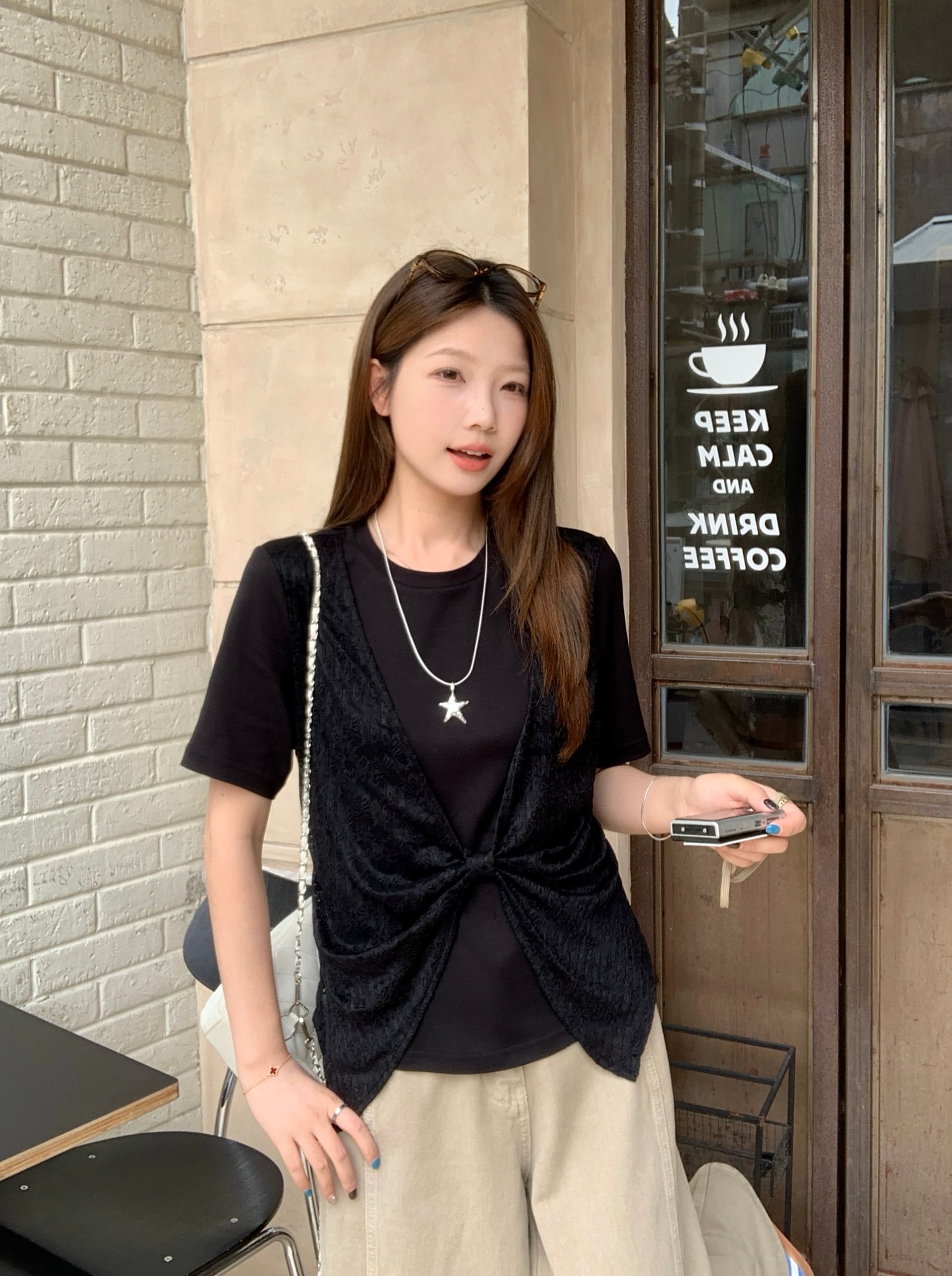 실사 빅 사이즈 나비 매듭 t 라운드 넥 티셔츠 여성 여름 새로운 슬림해 보이는 긍정적 인 어깨 패치워크 페이크 레이어드 반팔 8006 상세 이미지 15