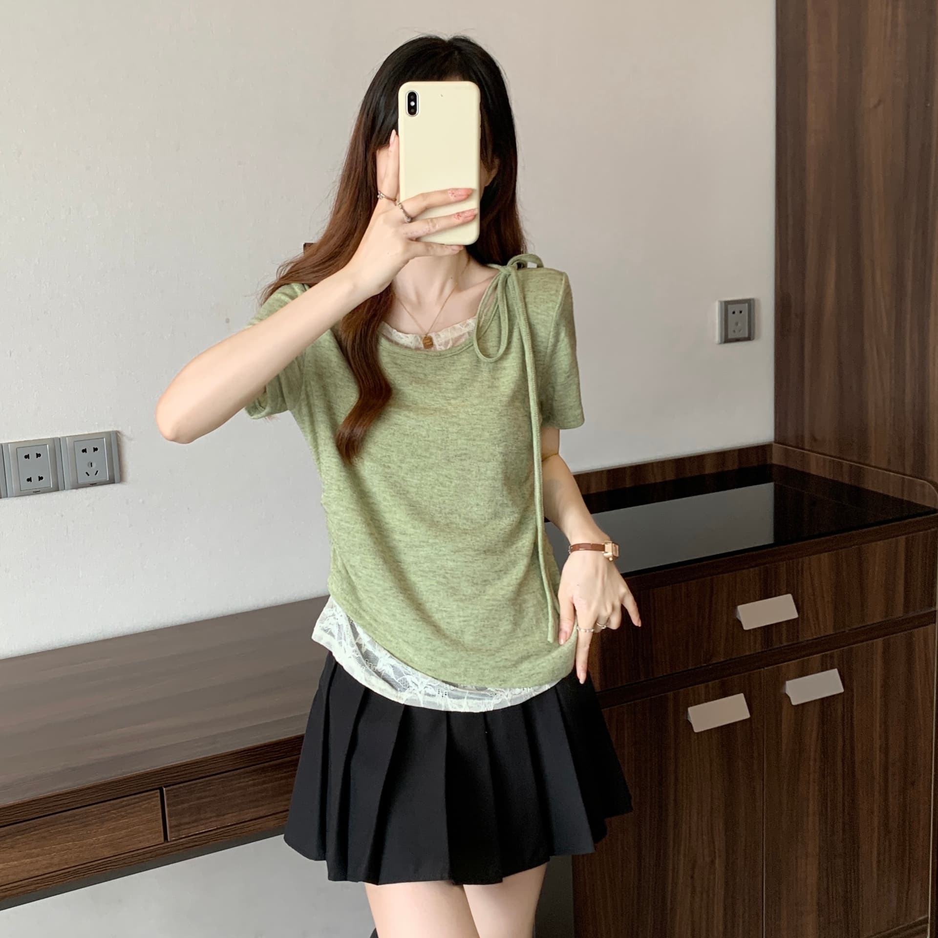 실사 빅 사이즈 불규칙 반팔 티셔츠 여성 여름 새로운 페이크 레이어드 패치워크 레이스 허리 수축 쇼트 스타일 맨위 8007 상세 이미지 14