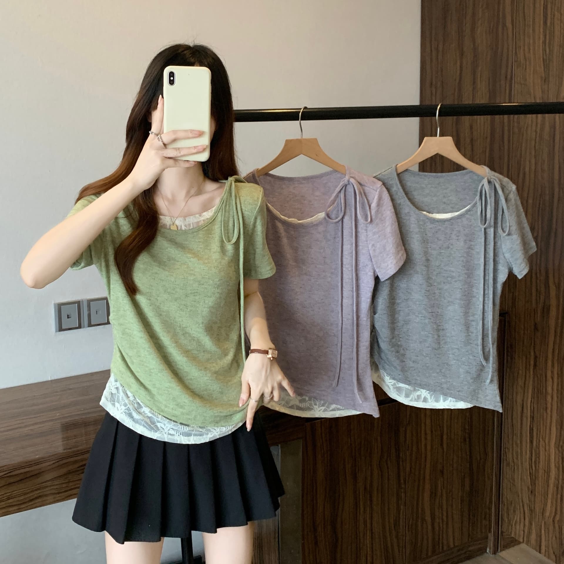 실사 빅 사이즈 불규칙 반팔 티셔츠 여성 여름 새로운 페이크 레이어드 패치워크 레이스 허리 수축 쇼트 스타일 맨위 8007 이미지 6