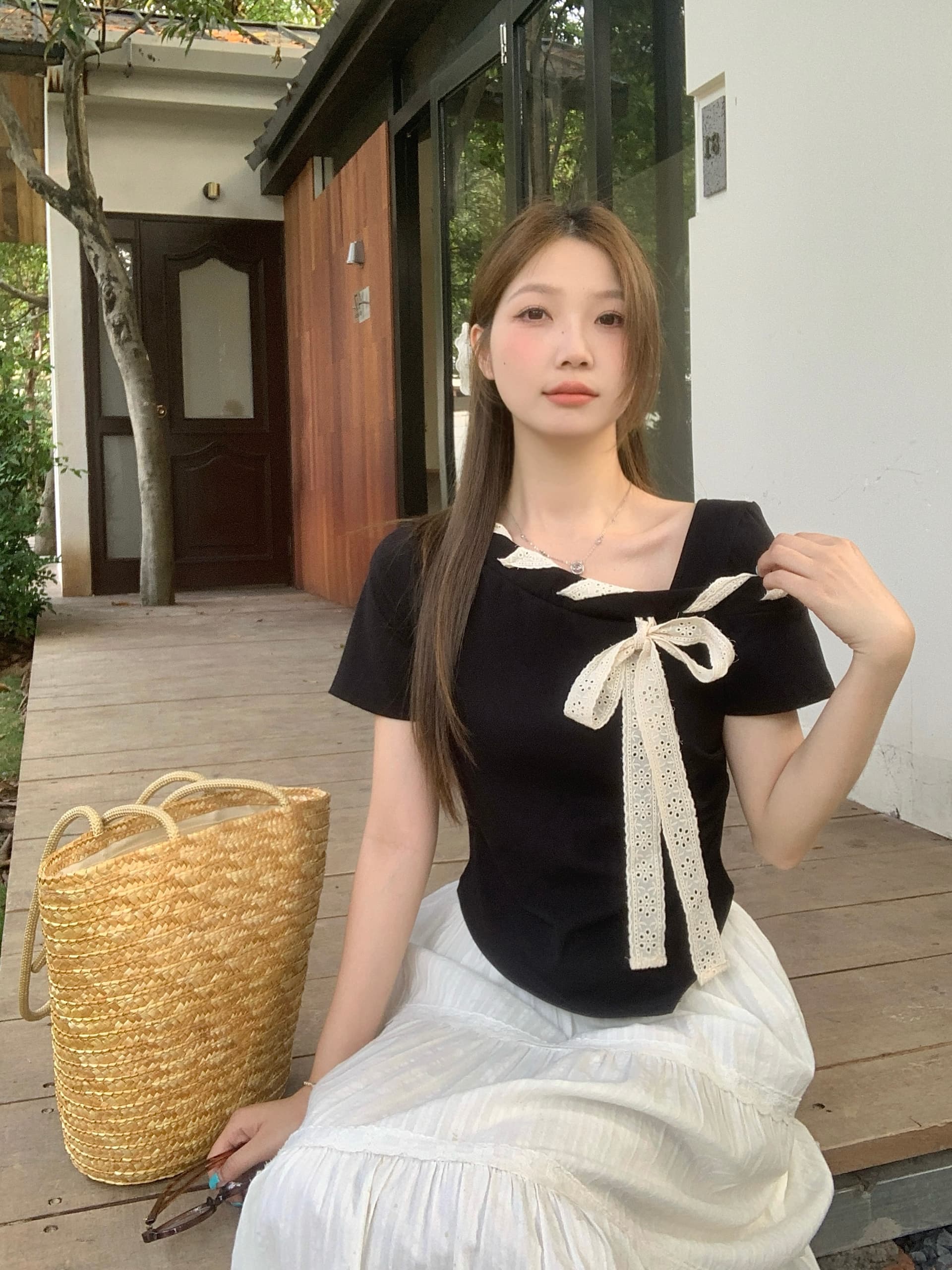 실사 빅 사이즈 검정색 비스듬한 어깨 티셔츠 여성 여름 디자인 센스 고유 한 품격 슬림해 보이는 반팔 맨위 1899 상세 이미지 10