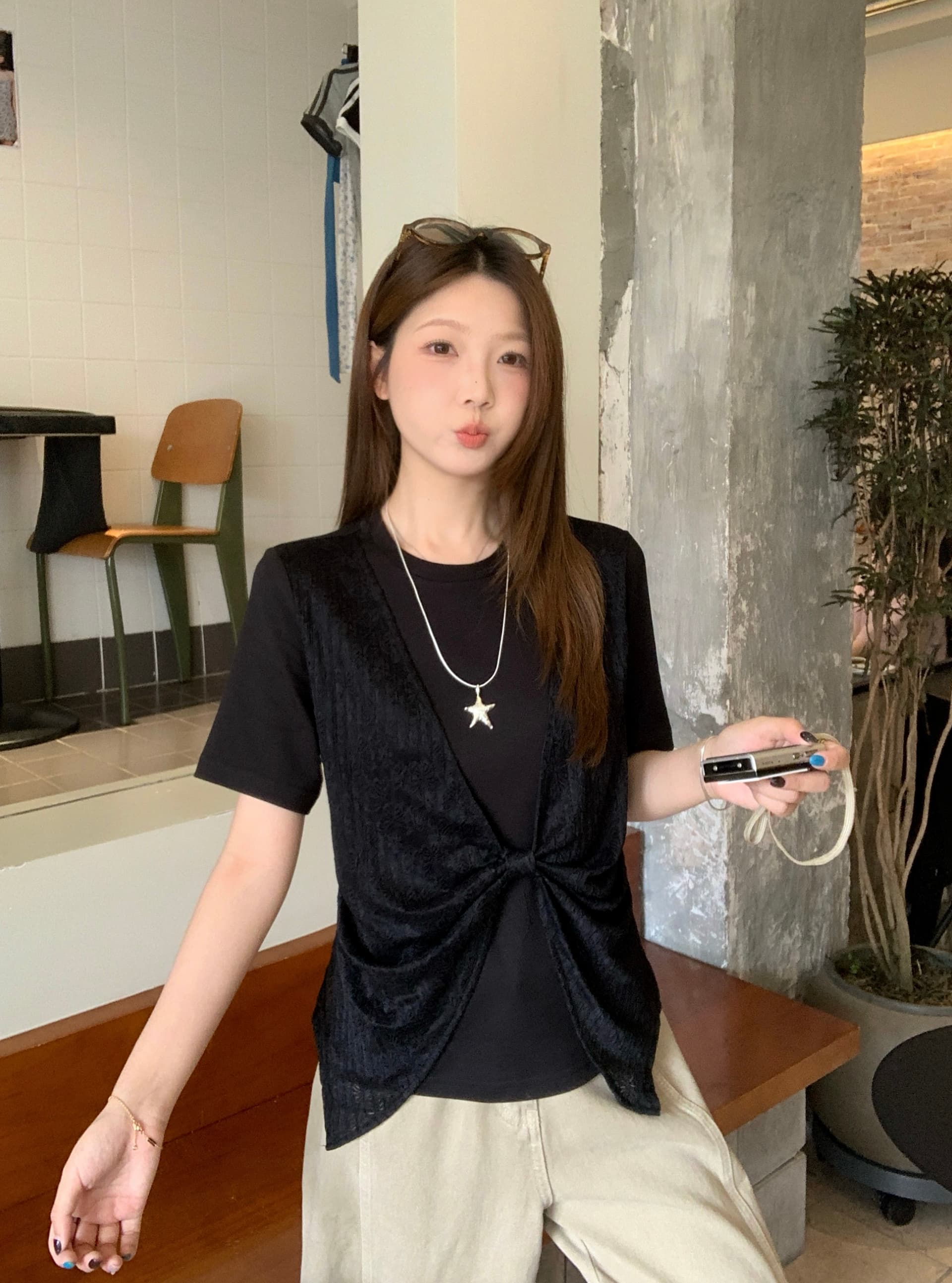 실사 빅 사이즈 페이크 레이어드 레이스 조각 반팔 여성 여름 빅 사이즈 지방 mm 슬림해 보이는 디자인 센스 비틀림 맨위 8006