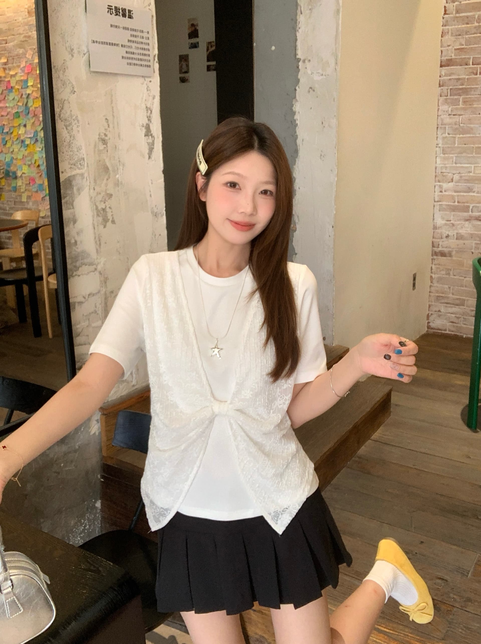 실사 빅 사이즈 페이크 레이어드 레이스 조각 반팔 여성 여름 빅 사이즈 지방 mm 슬림해 보이는 디자인 센스 비틀림 맨위 8006 상세 이미지 6