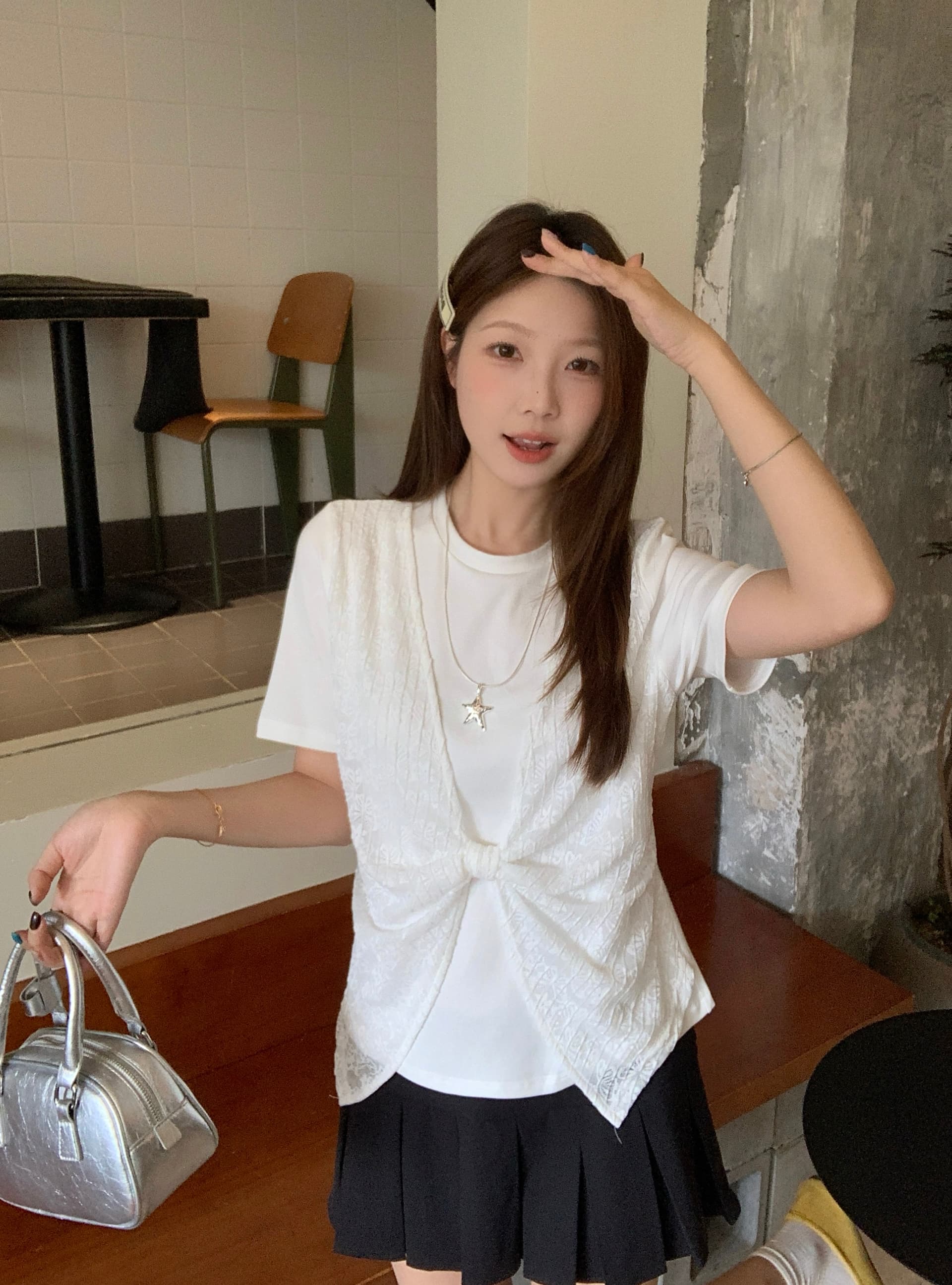 실사 빅 사이즈 페이크 레이어드 레이스 조각 반팔 여성 여름 빅 사이즈 지방 mm 슬림해 보이는 디자인 센스 비틀림 맨위 8006 상세 이미지 11