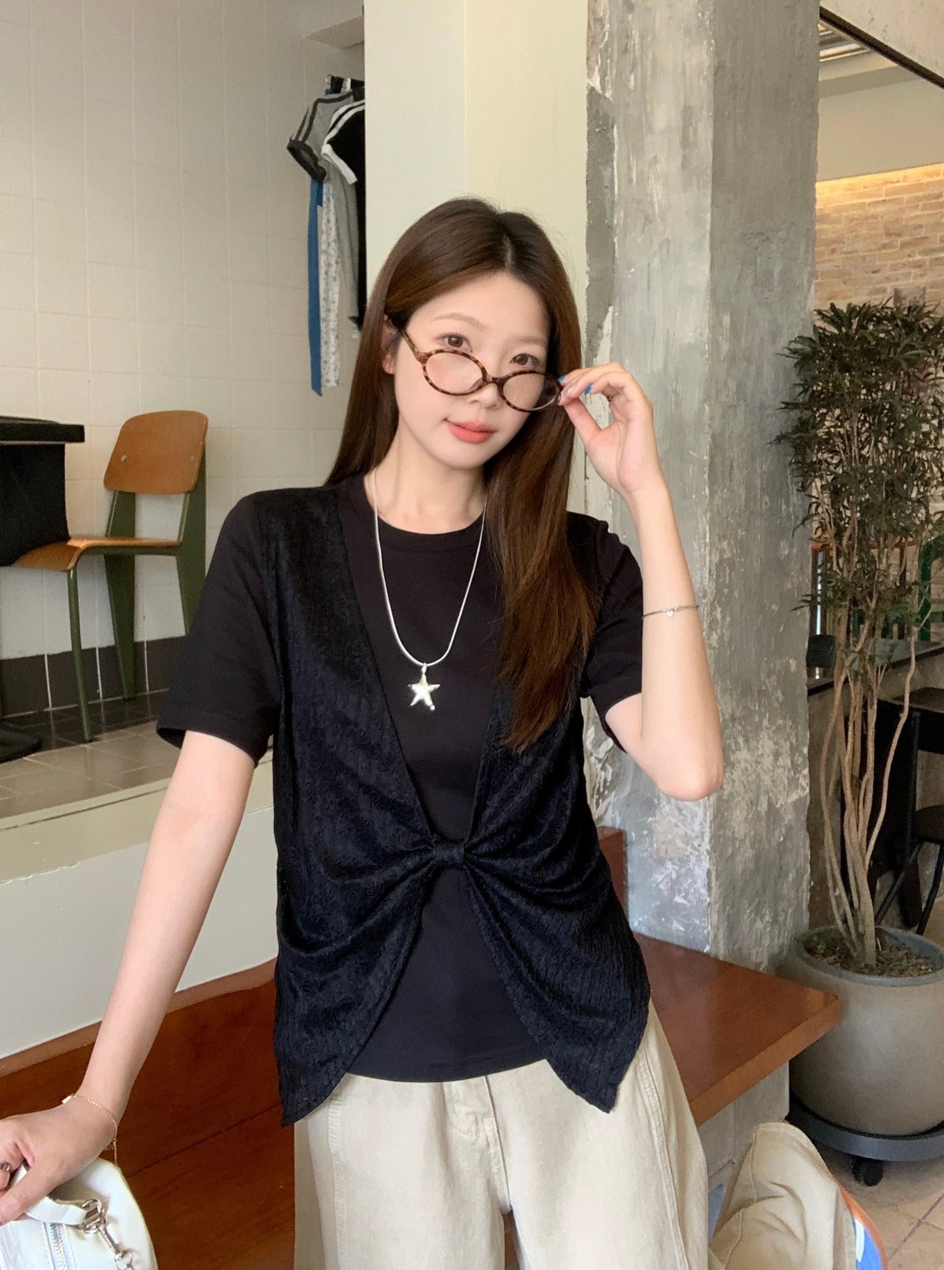 실사 빅 사이즈 페이크 레이어드 레이스 조각 반팔 여성 여름 빅 사이즈 지방 mm 슬림해 보이는 디자인 센스 비틀림 맨위 8006 상세 이미지 13
