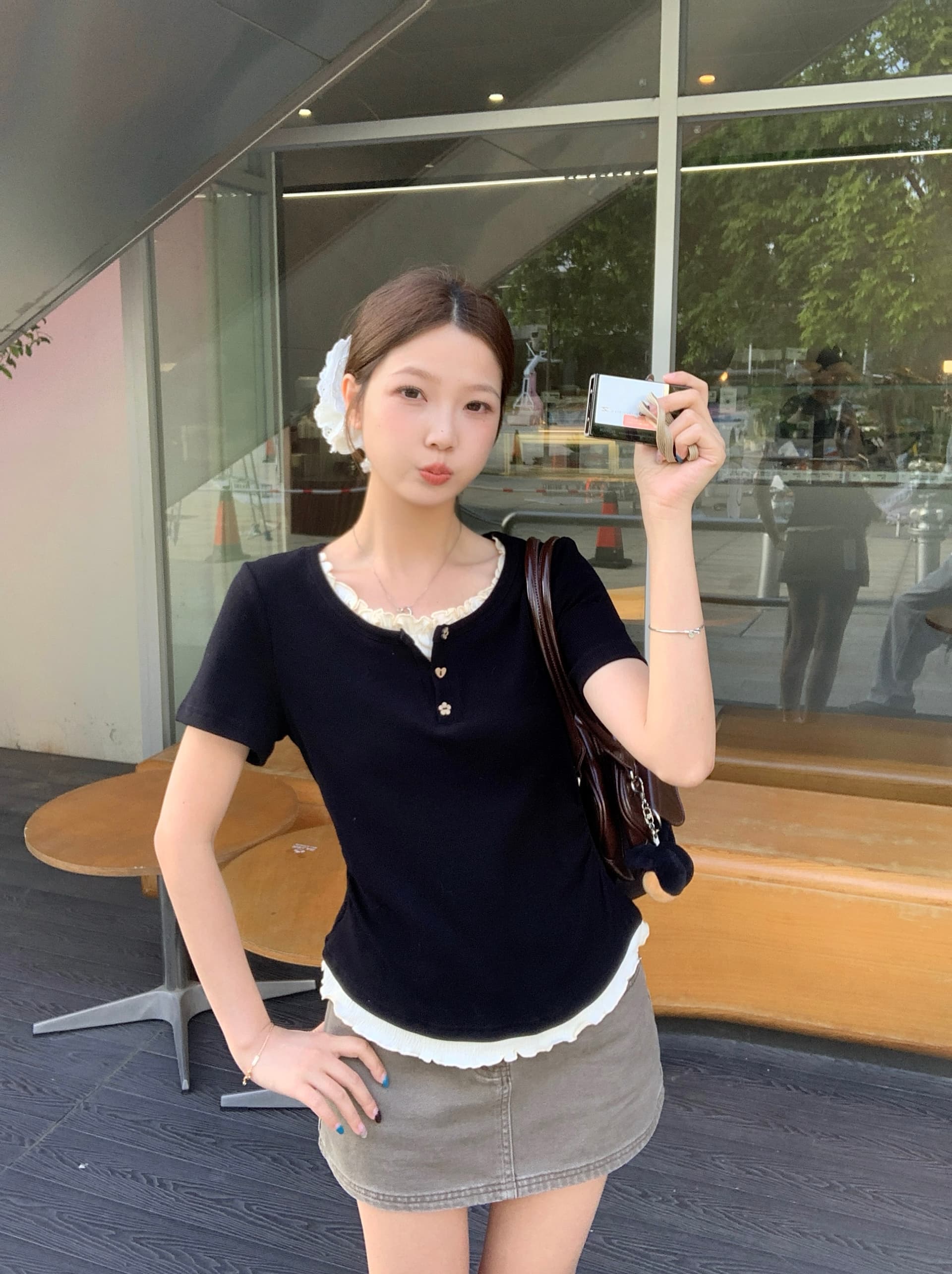 실사 빅 사이즈 검정색 페이크 레이어드 반팔 티셔츠 여성 여름 새로운 배색 패치워크 프릴 쇼트 스타일 맨위 8021 상세 이미지 8