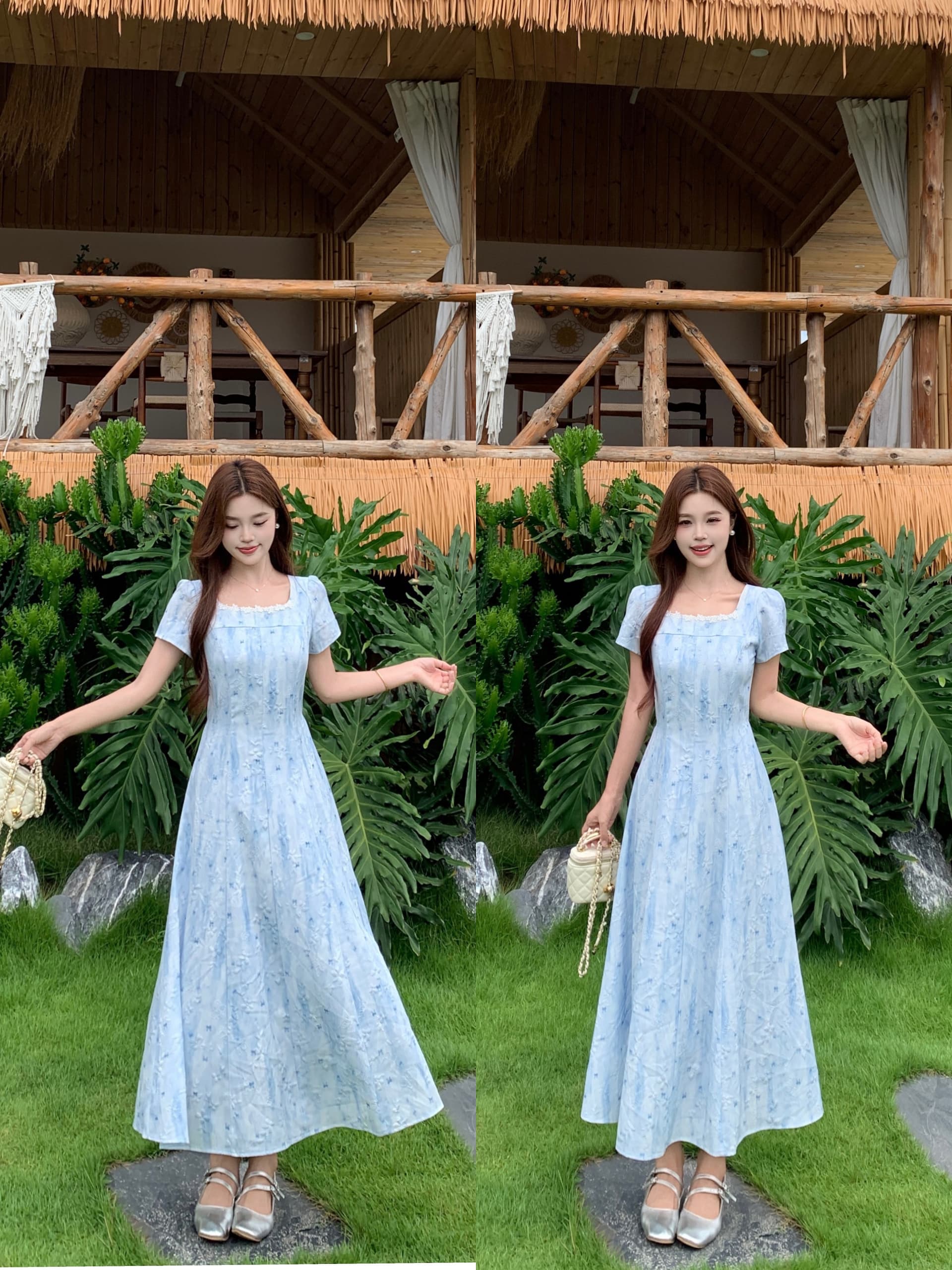 실사 빅 사이즈 프랑스식 파란색 꽃무늬 슬림해 보이는 여성 드레스 여름 예술 건강 밝은 착용 가져 가라. 롱 스커트 8035 상세 이미지 2