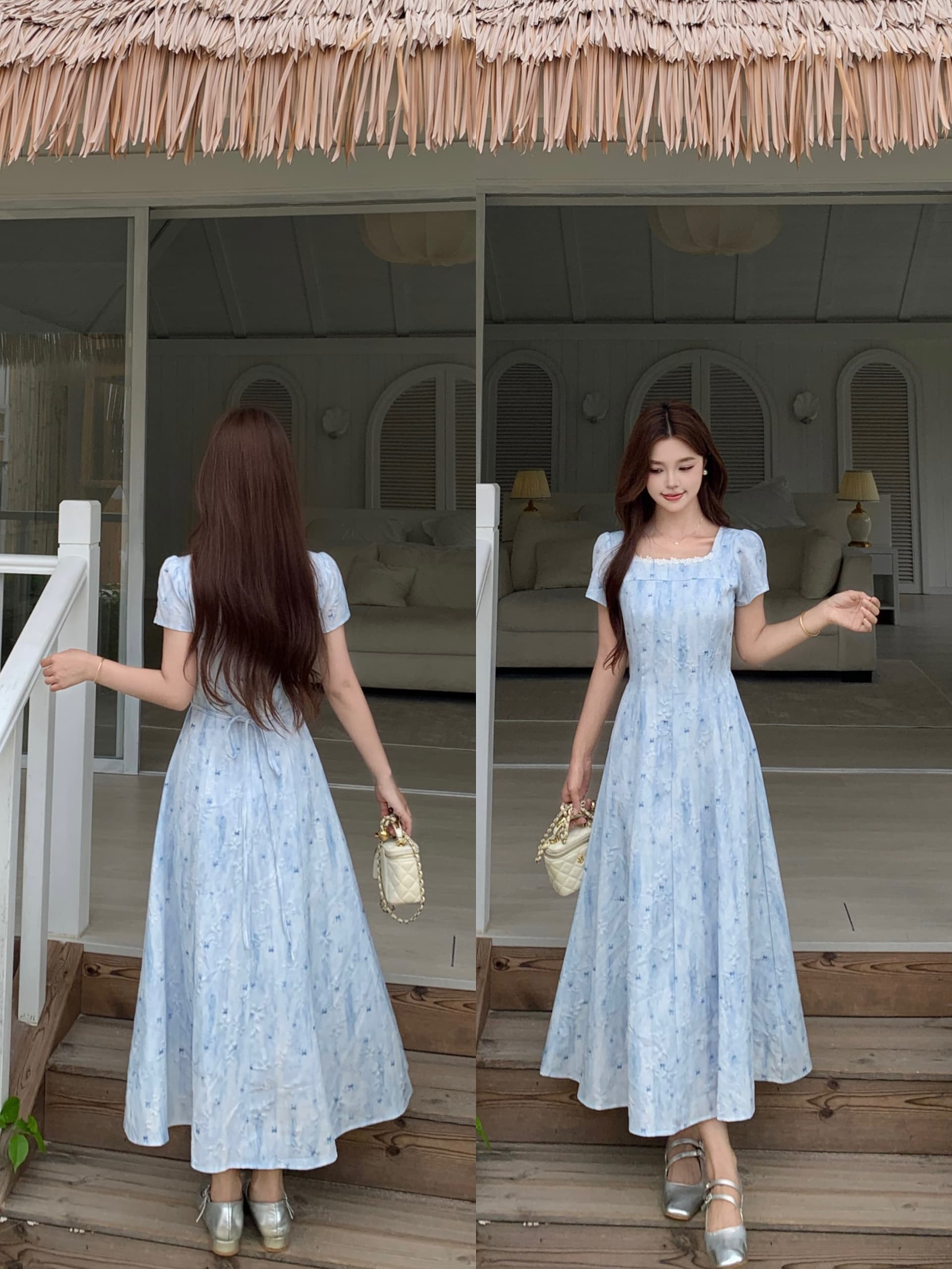 실사 빅 사이즈 프랑스식 파란색 꽃무늬 슬림해 보이는 여성 드레스 여름 예술 건강 밝은 착용 가져 가라. 롱 스커트 8035 상세 이미지 3