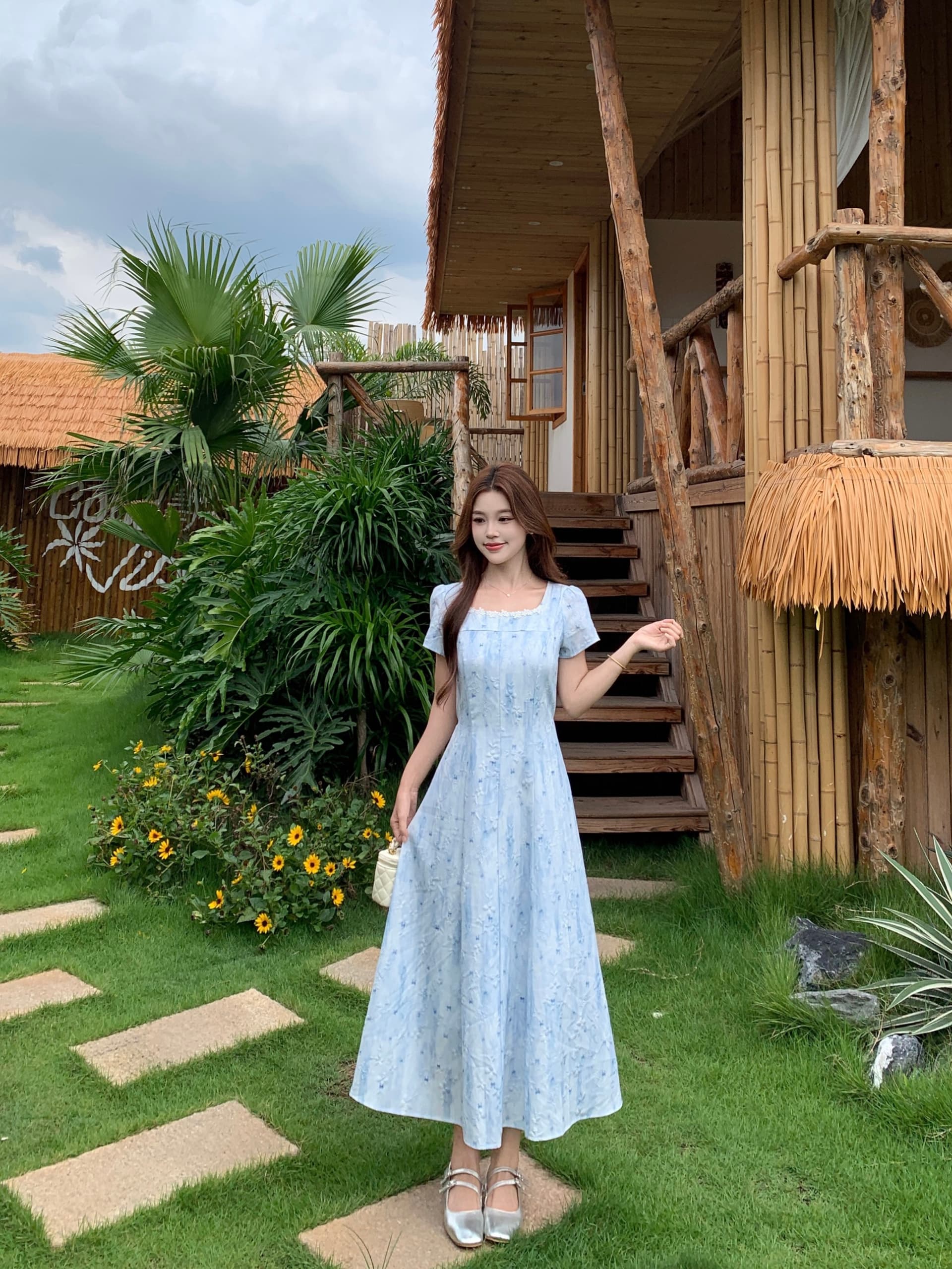 실사 빅 사이즈 프랑스식 파란색 꽃무늬 슬림해 보이는 여성 드레스 여름 예술 건강 밝은 착용 가져 가라. 롱 스커트 8035 상세 이미지 5