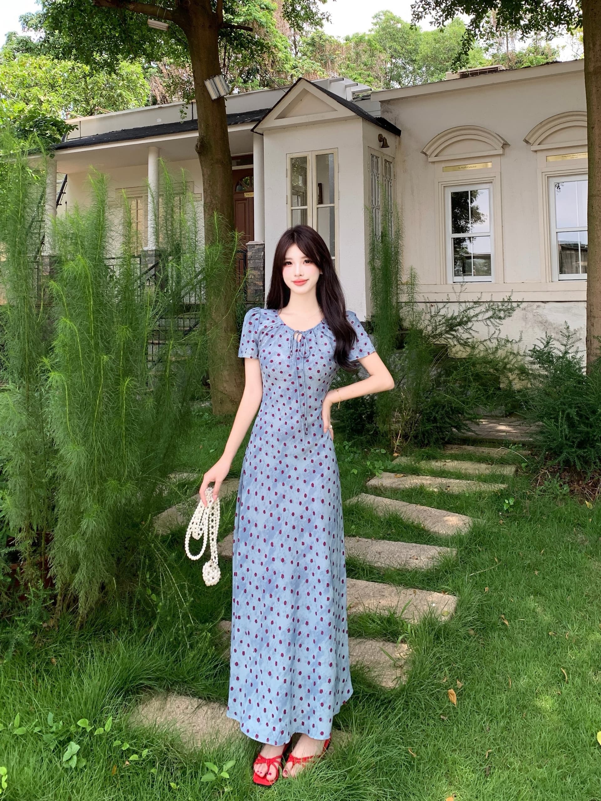 실사 빅 사이즈 여름 새로운 프랑스식 도트 무늬 레트로 품격 허리 수축 슬림해 보이는 반팔 여성 드레스 8036 이미지 2