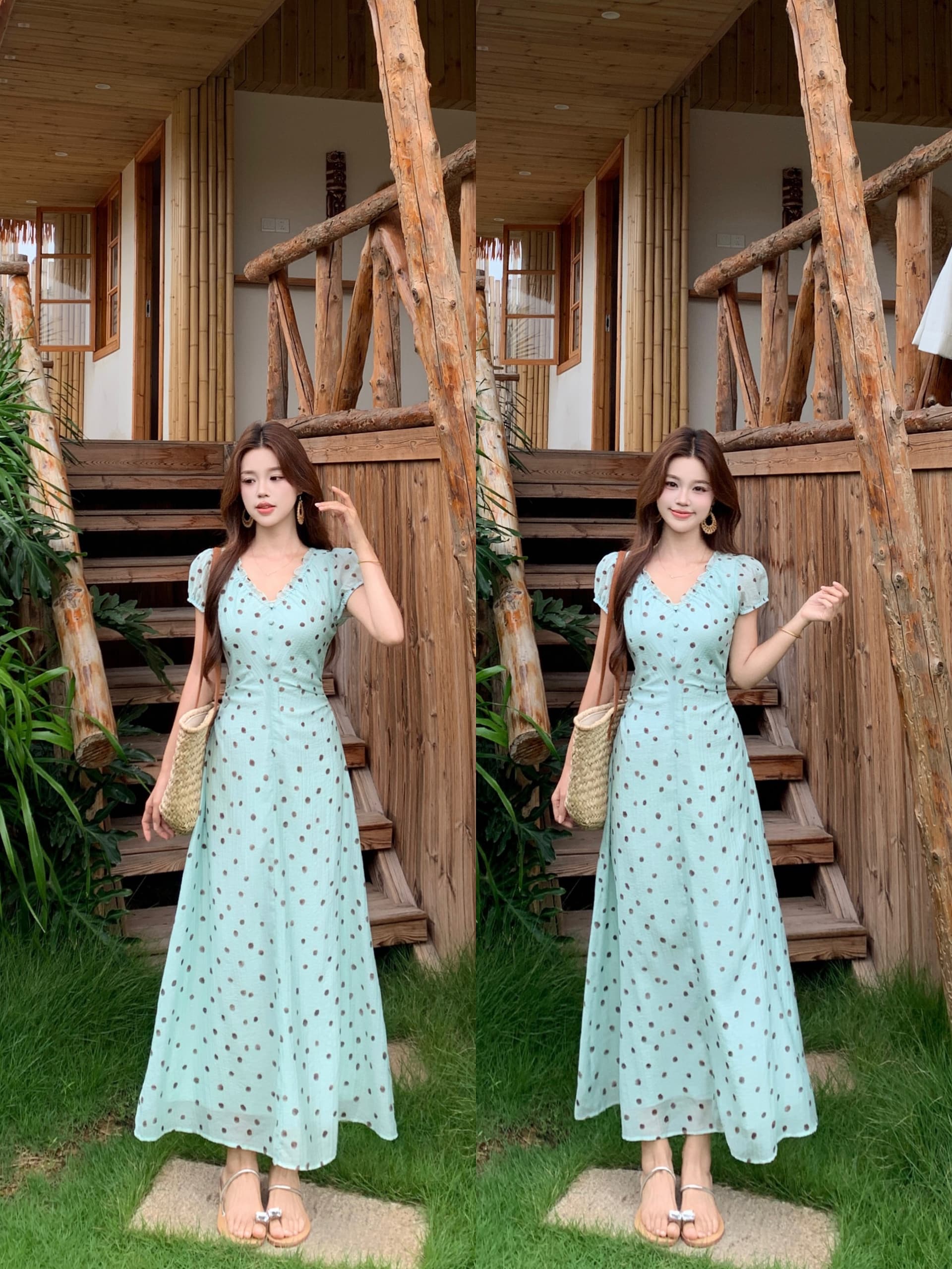 실사 빅 사이즈 푸른 녹색 도트 무늬 드레스 여름 새로운 레트로 V넥 프릴 허리 수축 프랑스식 치마 8037