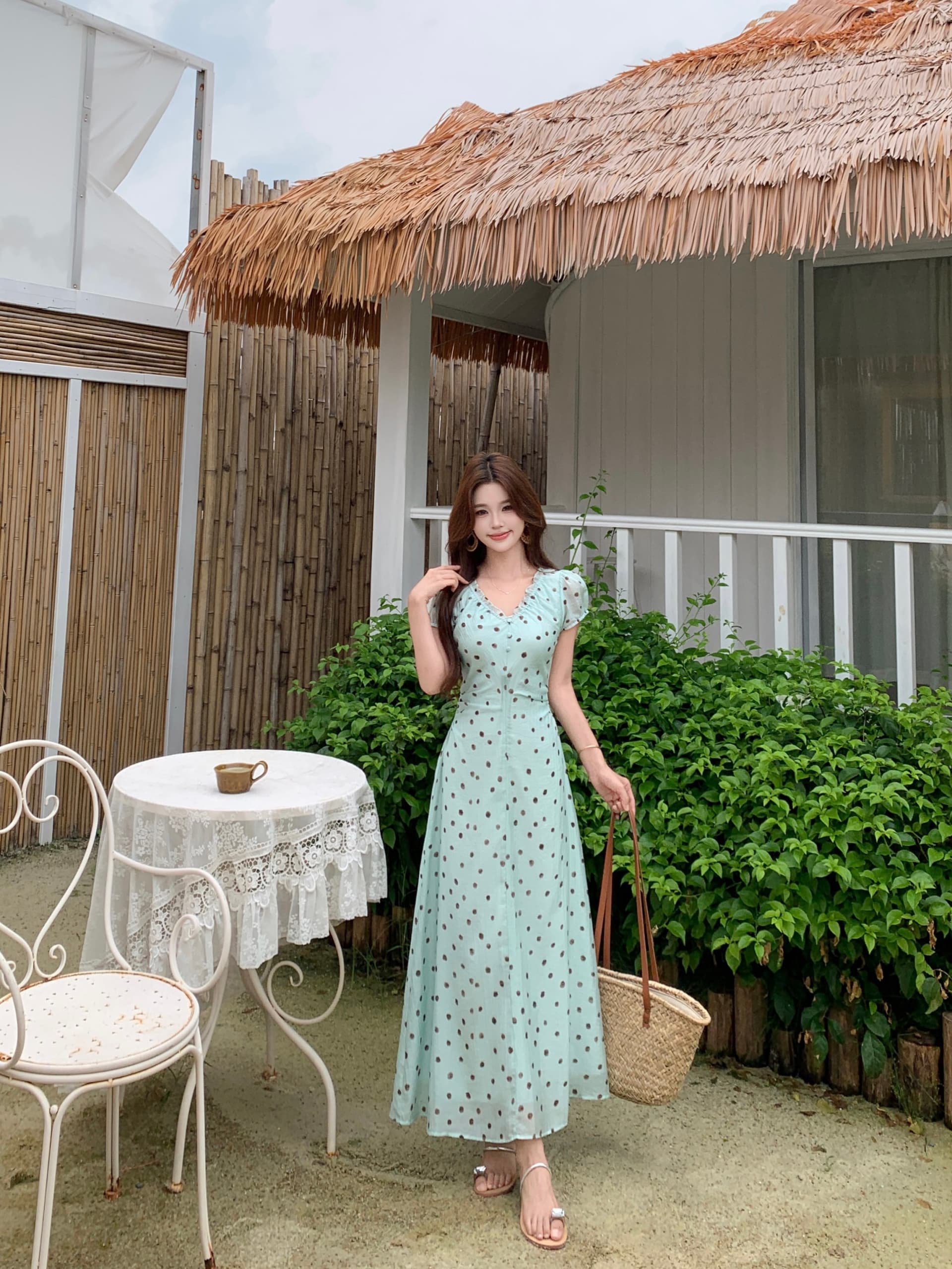 실사 빅 사이즈 푸른 녹색 도트 무늬 드레스 여름 새로운 레트로 V넥 프릴 허리 수축 프랑스식 치마 8037 이미지 4
