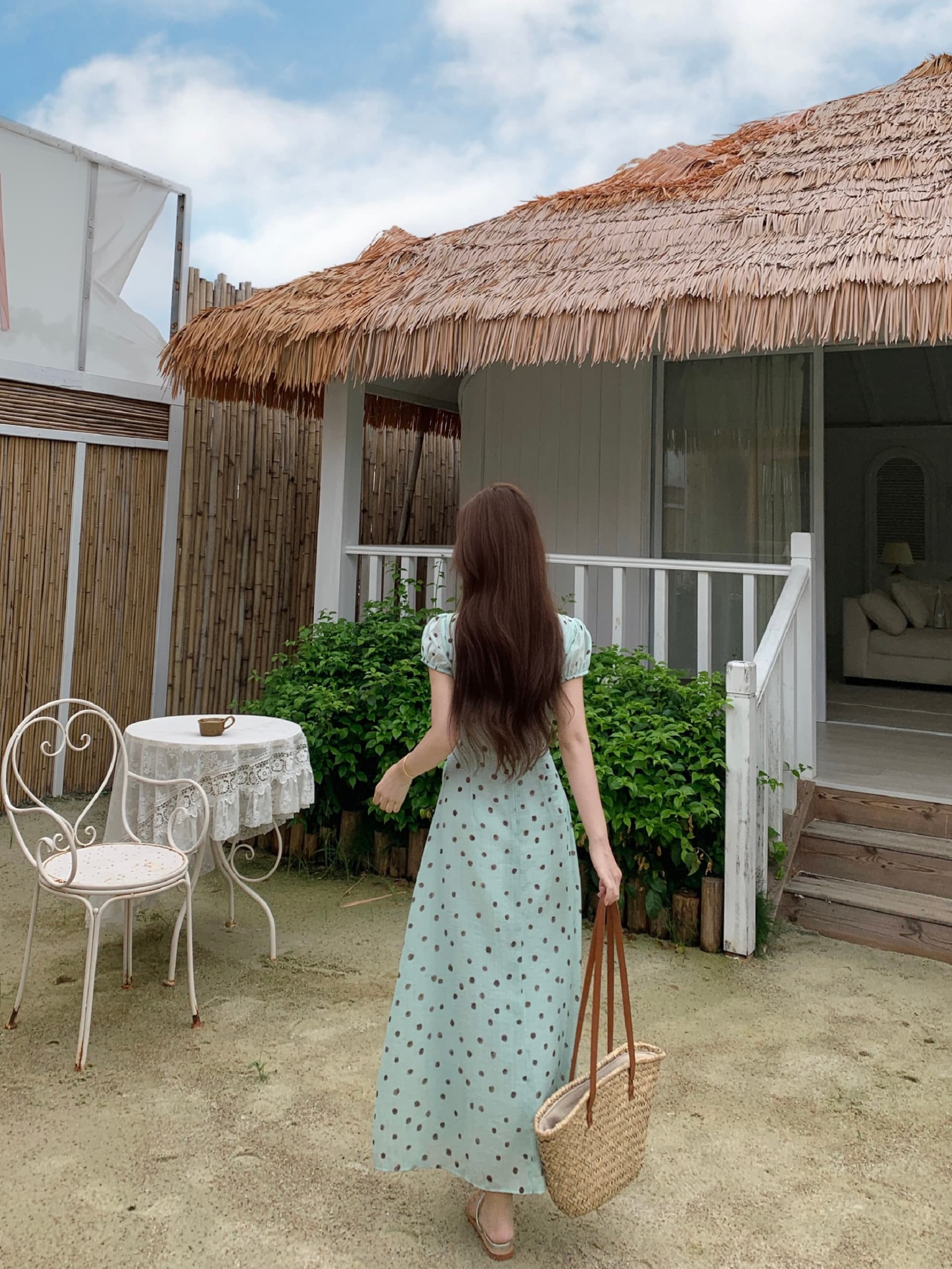 실사 빅 사이즈 푸른 녹색 도트 무늬 드레스 여름 새로운 레트로 V넥 프릴 허리 수축 프랑스식 치마 8037 상세 이미지 7