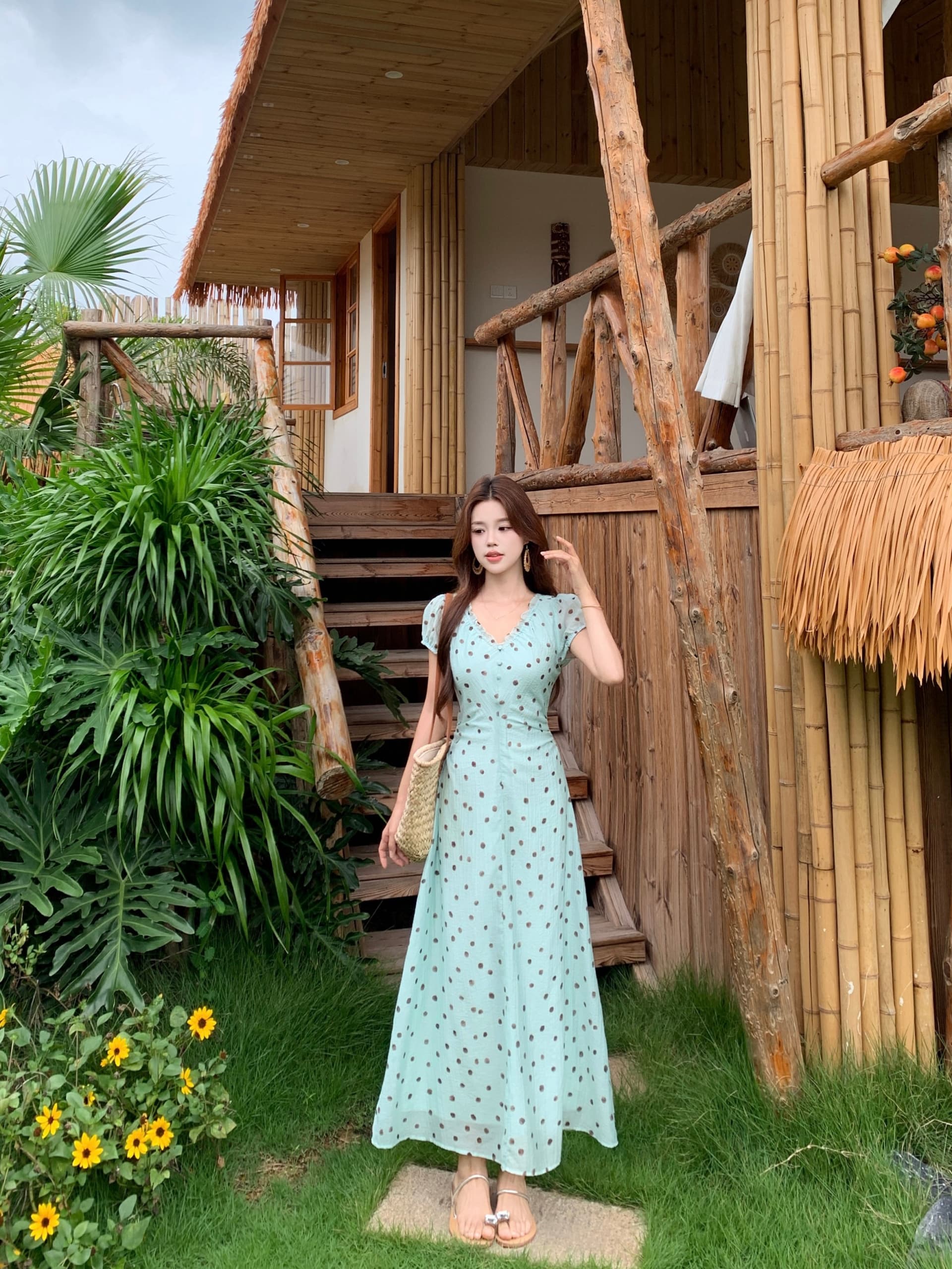 실사 빅 사이즈 푸른 녹색 도트 무늬 드레스 여름 새로운 레트로 V넥 프릴 허리 수축 프랑스식 치마 8037 상세 이미지 16
