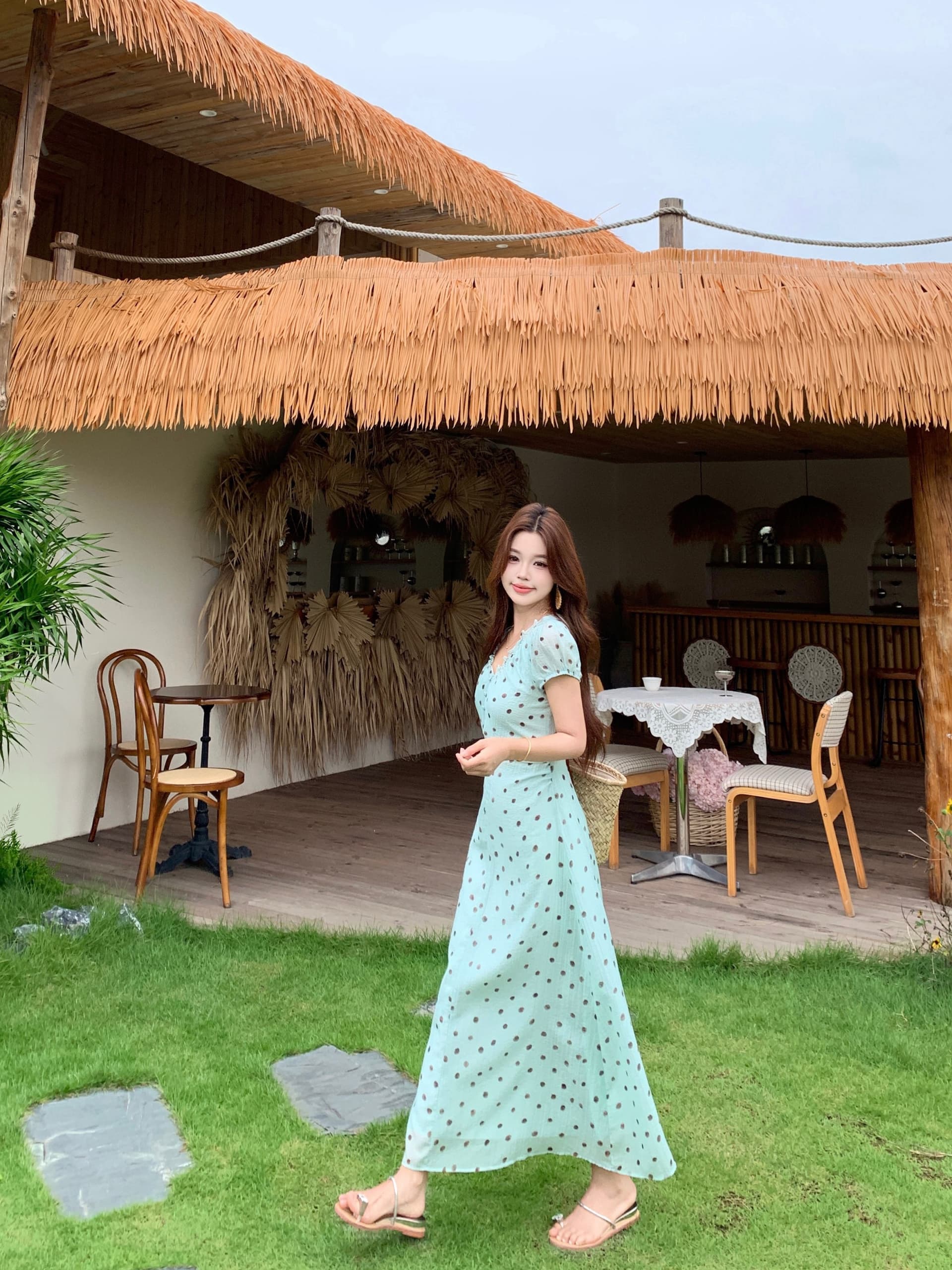 실사 빅 사이즈 푸른 녹색 도트 무늬 드레스 여름 새로운 레트로 V넥 프릴 허리 수축 프랑스식 치마 8037 상세 이미지 19