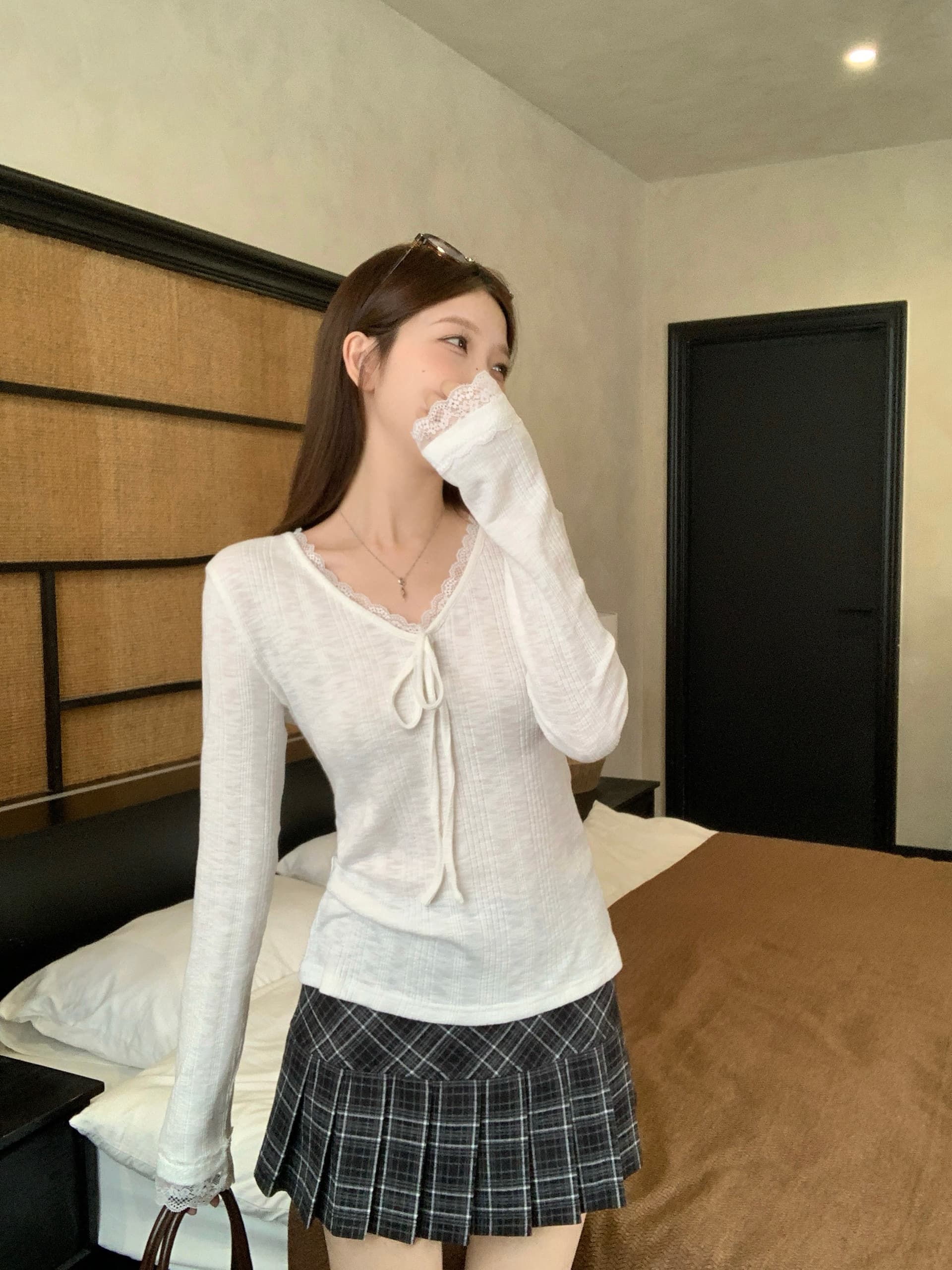 실사 빅 사이즈 화이트 질감 센스 V넥 긴팔 티셔츠 가을 겨울 인사이드 가져 가라. 레이스 레이스 몸매 가꾸기 맨위 6083 상세 이미지 10