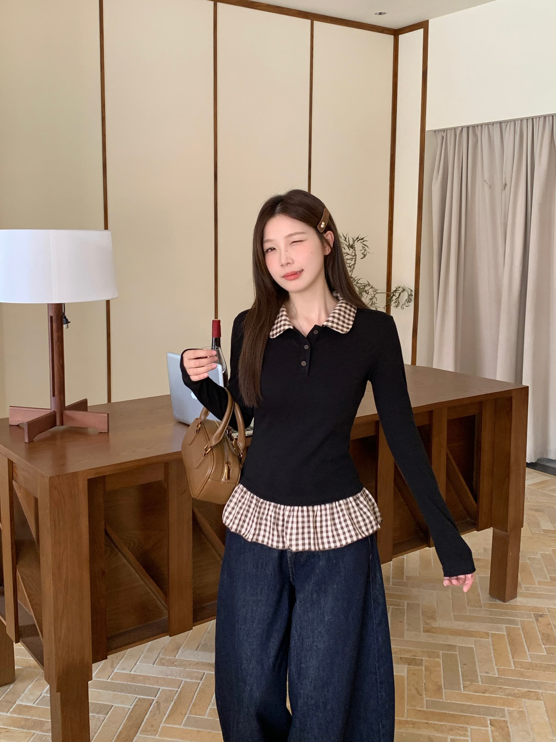 실사 빅 사이즈 체크무늬 패치워크 레이스 티셔츠 여성 가을 몸매 가꾸기 인사이드 가져 가라. 디자인 센스 베이비 칼라 긴팔 맨위 6080 이미지 4
