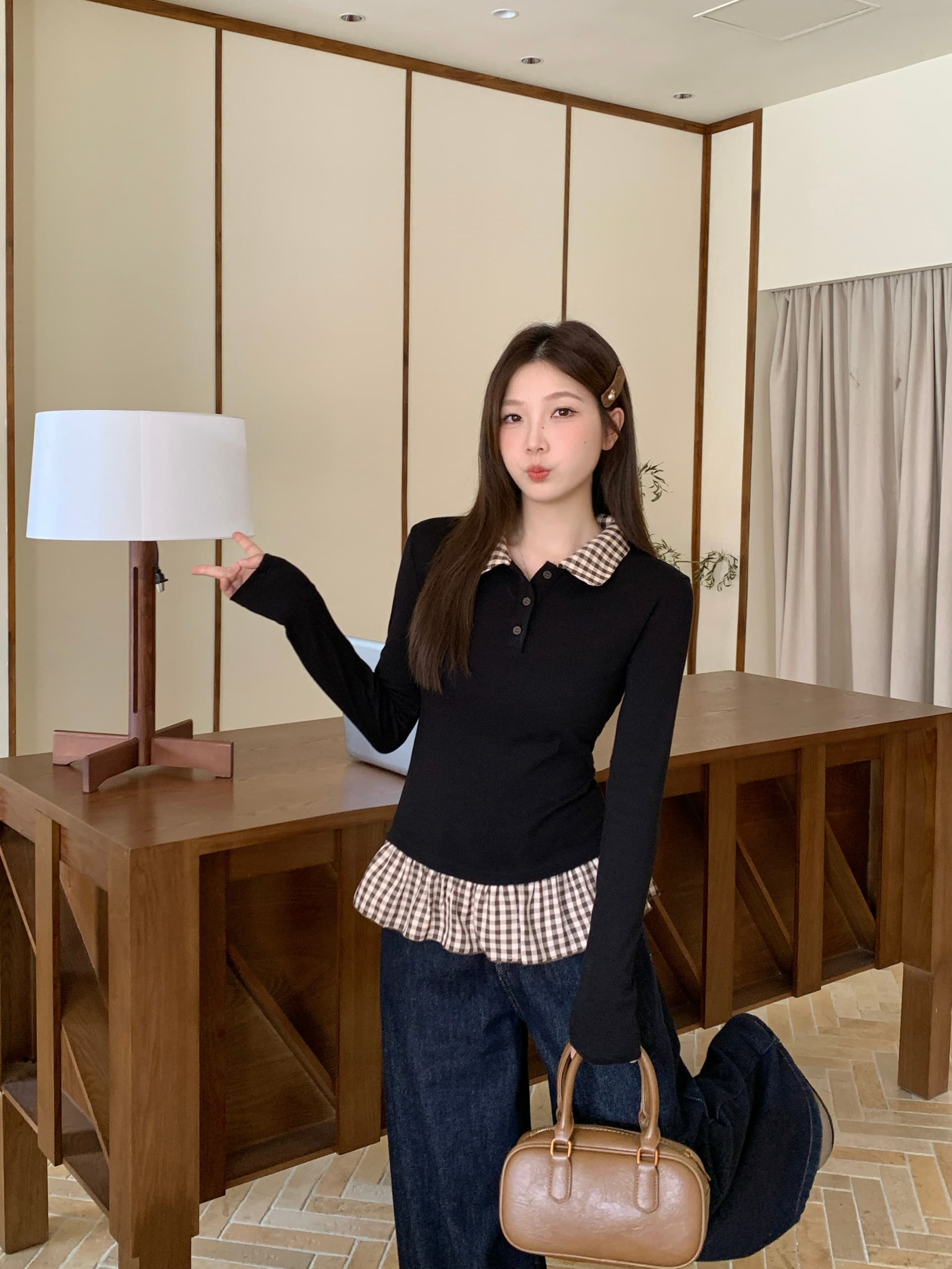 실사 빅 사이즈 체크무늬 패치워크 레이스 티셔츠 여성 가을 몸매 가꾸기 인사이드 가져 가라. 디자인 센스 베이비 칼라 긴팔 맨위 6080 상세 이미지 6