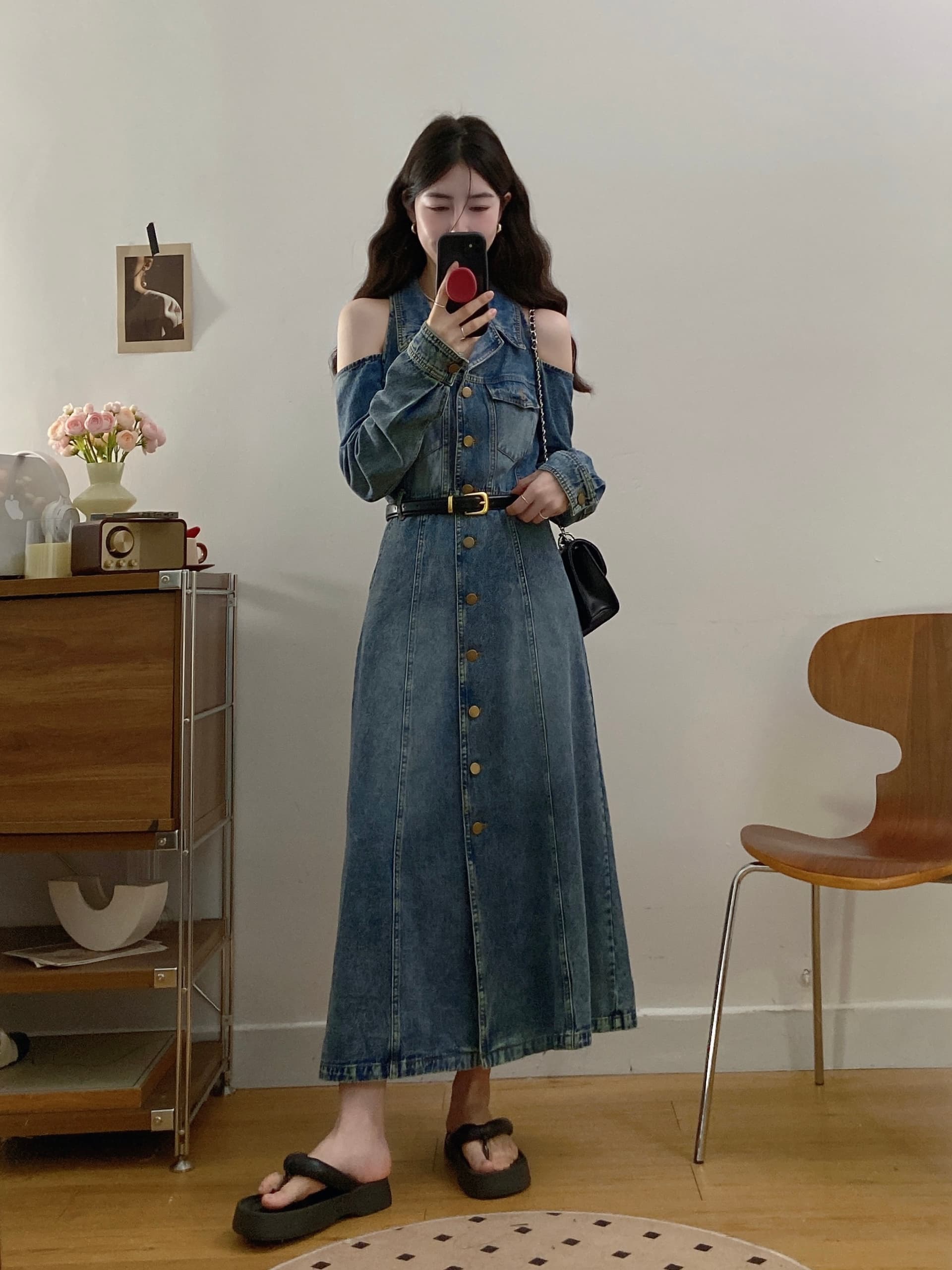 실사 빅 사이즈 항구 바람 레트로 오프숄더 데님 드레스 벨트 포함 허리 수축 슬림해 보이는 폴로 칼라 롱 스커트 1839 이미지 3