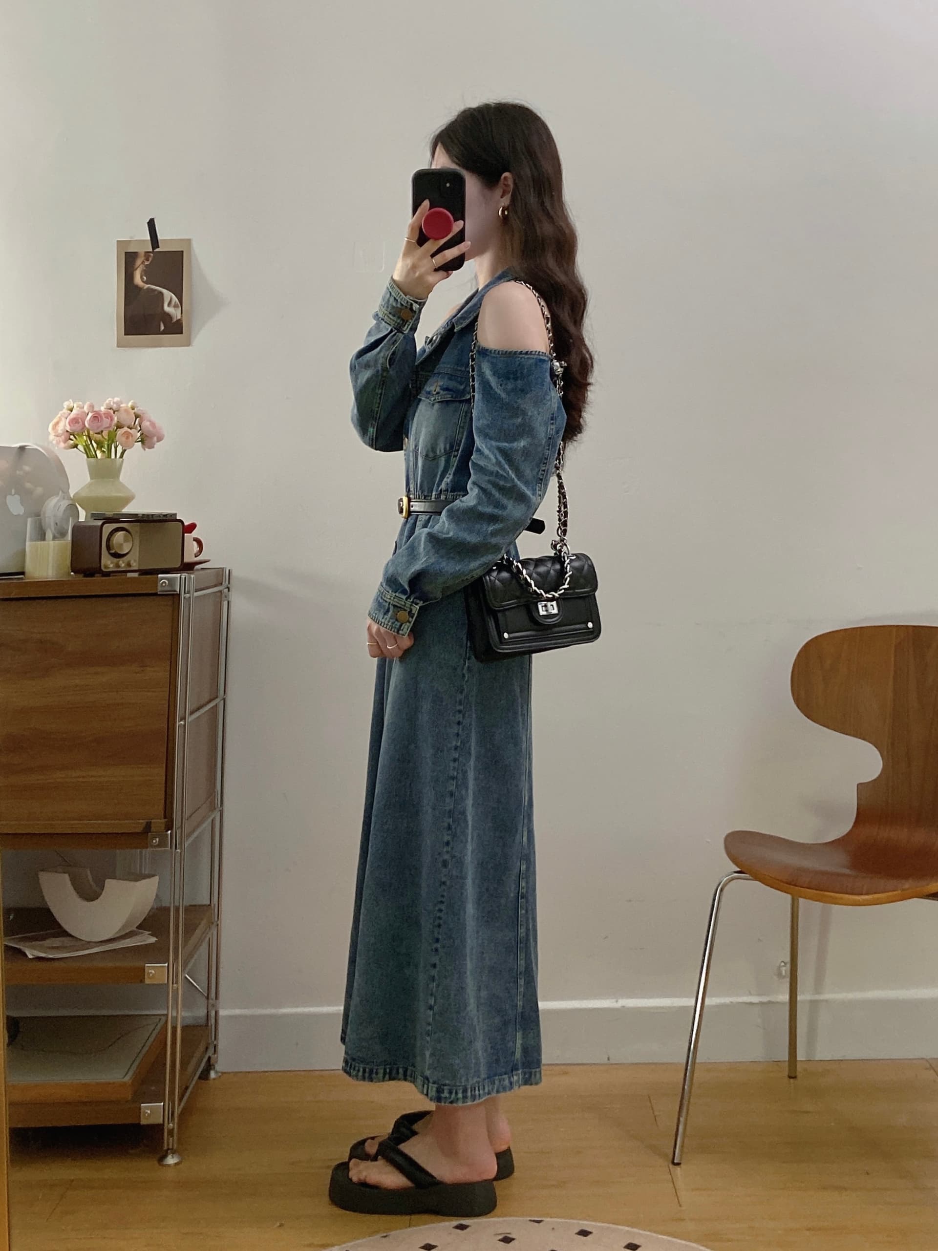 실사 빅 사이즈 항구 바람 레트로 오프숄더 데님 드레스 벨트 포함 허리 수축 슬림해 보이는 폴로 칼라 롱 스커트 1839 상세 이미지 9
