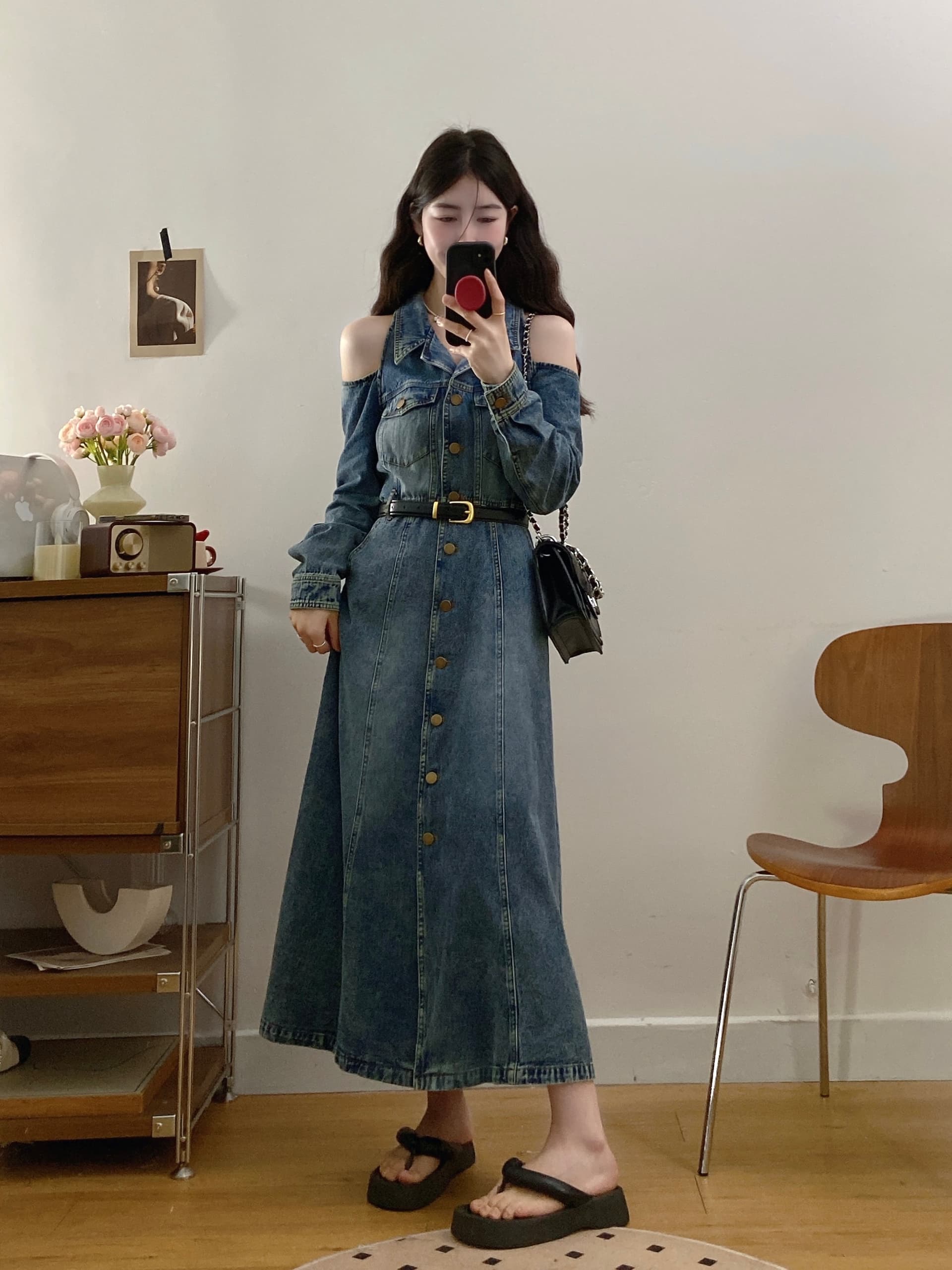 실사 빅 사이즈 항구 바람 레트로 오프숄더 데님 드레스 벨트 포함 허리 수축 슬림해 보이는 폴로 칼라 롱 스커트 1839 상세 이미지 13