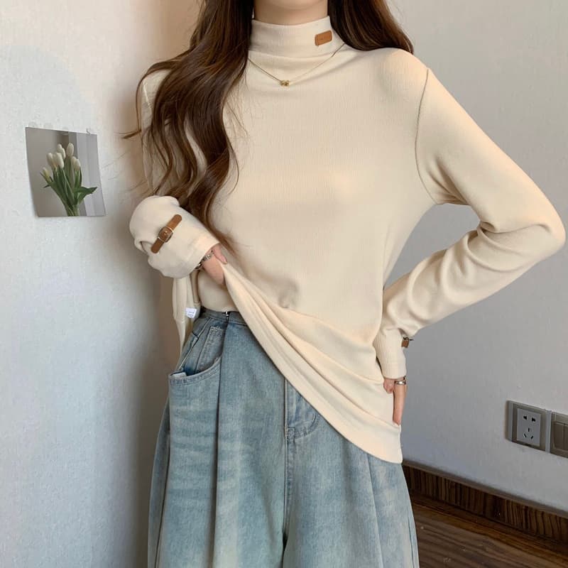 실사 빅 사이즈 디자인 센스 반하이넥 레이블 긴팔 몸매 가꾸기 슬림해 보이는 티셔츠 여성 가을 기본 셔츠 1387 이미지 6