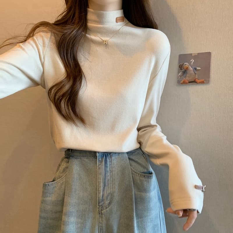 실사 빅 사이즈 디자인 센스 반하이넥 레이블 긴팔 몸매 가꾸기 슬림해 보이는 티셔츠 여성 가을 기본 셔츠 1387 상세 이미지 9
