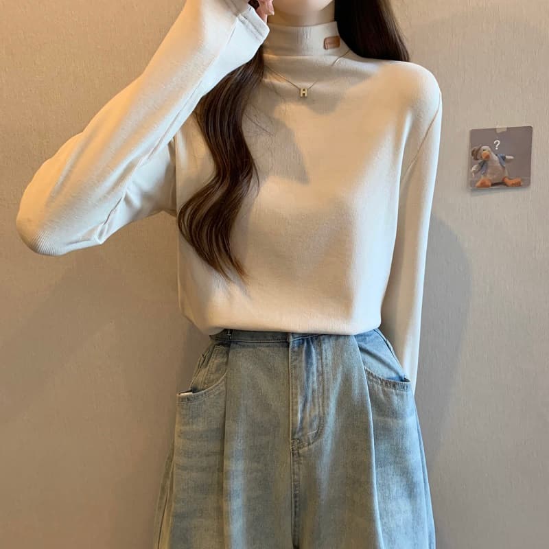 실사 빅 사이즈 디자인 센스 반하이넥 레이블 긴팔 몸매 가꾸기 슬림해 보이는 티셔츠 여성 가을 기본 셔츠 1387 상세 이미지 10