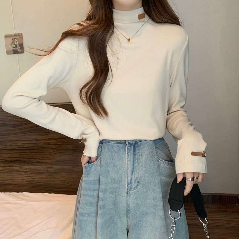 실사 빅 사이즈 디자인 센스 반하이넥 레이블 긴팔 몸매 가꾸기 슬림해 보이는 티셔츠 여성 가을 기본 셔츠 1387 상세 이미지 11