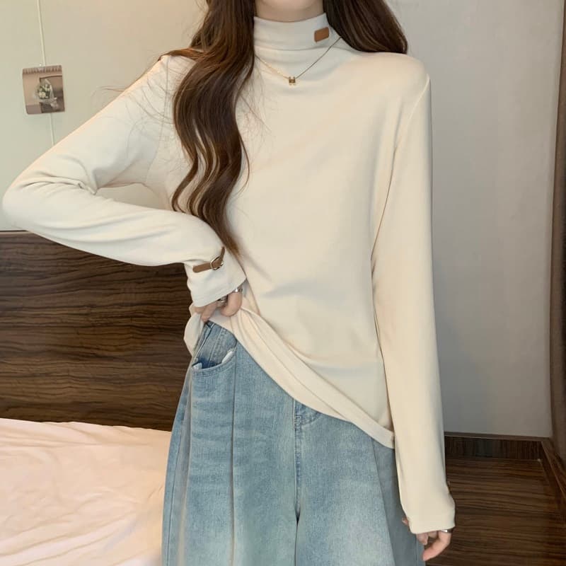 실사 빅 사이즈 디자인 센스 반하이넥 레이블 긴팔 몸매 가꾸기 슬림해 보이는 티셔츠 여성 가을 기본 셔츠 1387 상세 이미지 13