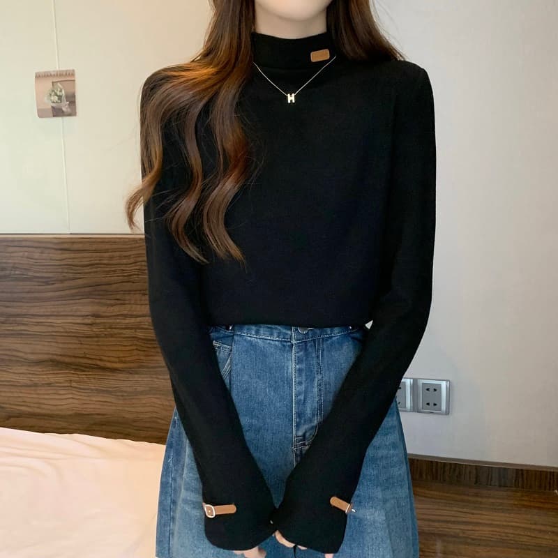 실사 빅 사이즈 디자인 센스 반하이넥 레이블 긴팔 몸매 가꾸기 슬림해 보이는 티셔츠 여성 가을 기본 셔츠 1387 상세 이미지 15