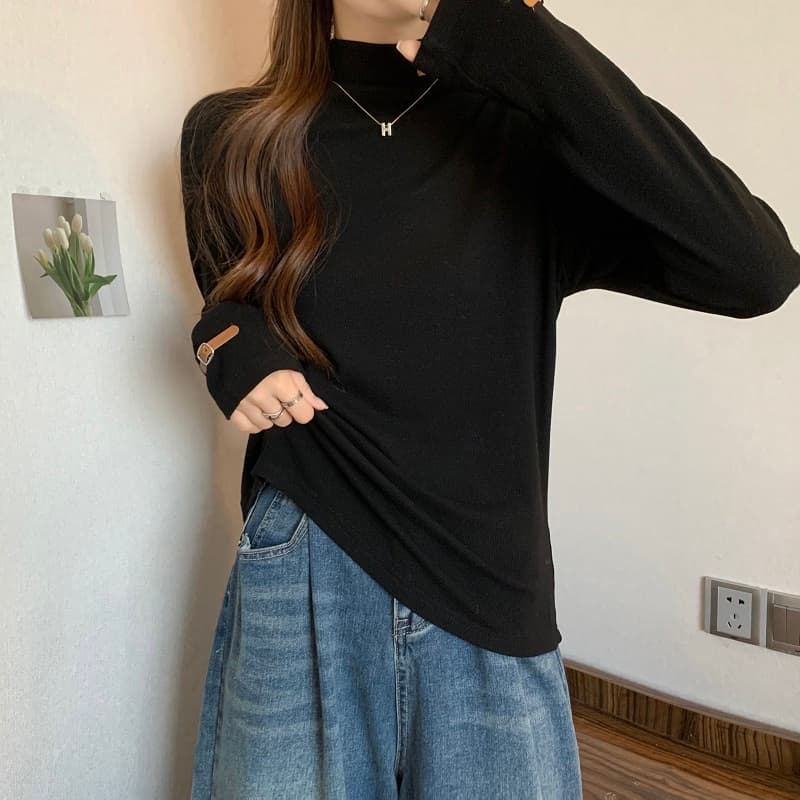 실사 빅 사이즈 디자인 센스 반하이넥 레이블 긴팔 몸매 가꾸기 슬림해 보이는 티셔츠 여성 가을 기본 셔츠 1387 상세 이미지 19