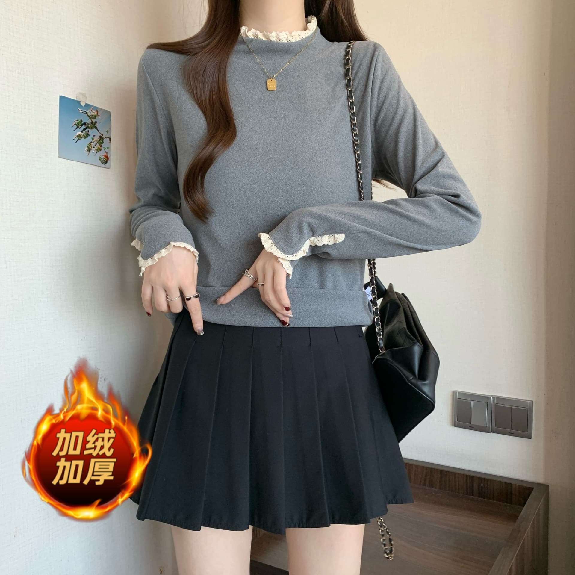 실사 빅 사이즈 De 플러시 레이스 양면 프릴 반하이넥 기본 셔츠 여성 가을 겨울 털이 있는 맨위 1832 이미지 5