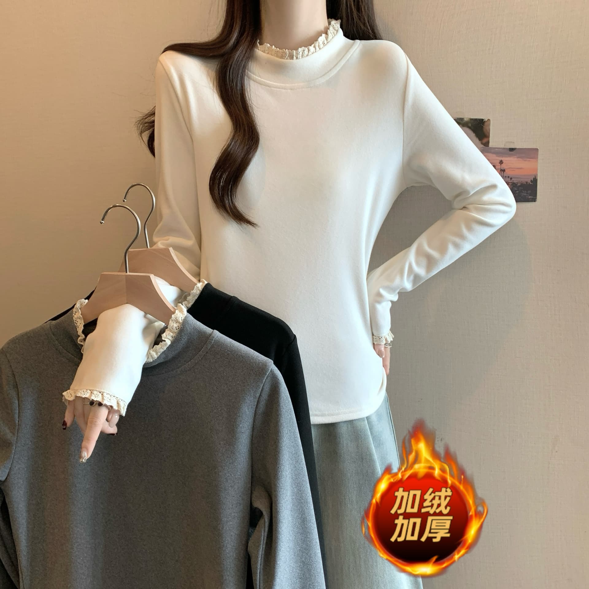 실사 빅 사이즈 De 플러시 레이스 양면 프릴 반하이넥 기본 셔츠 여성 가을 겨울 털이 있는 맨위 1832 상세 이미지 2