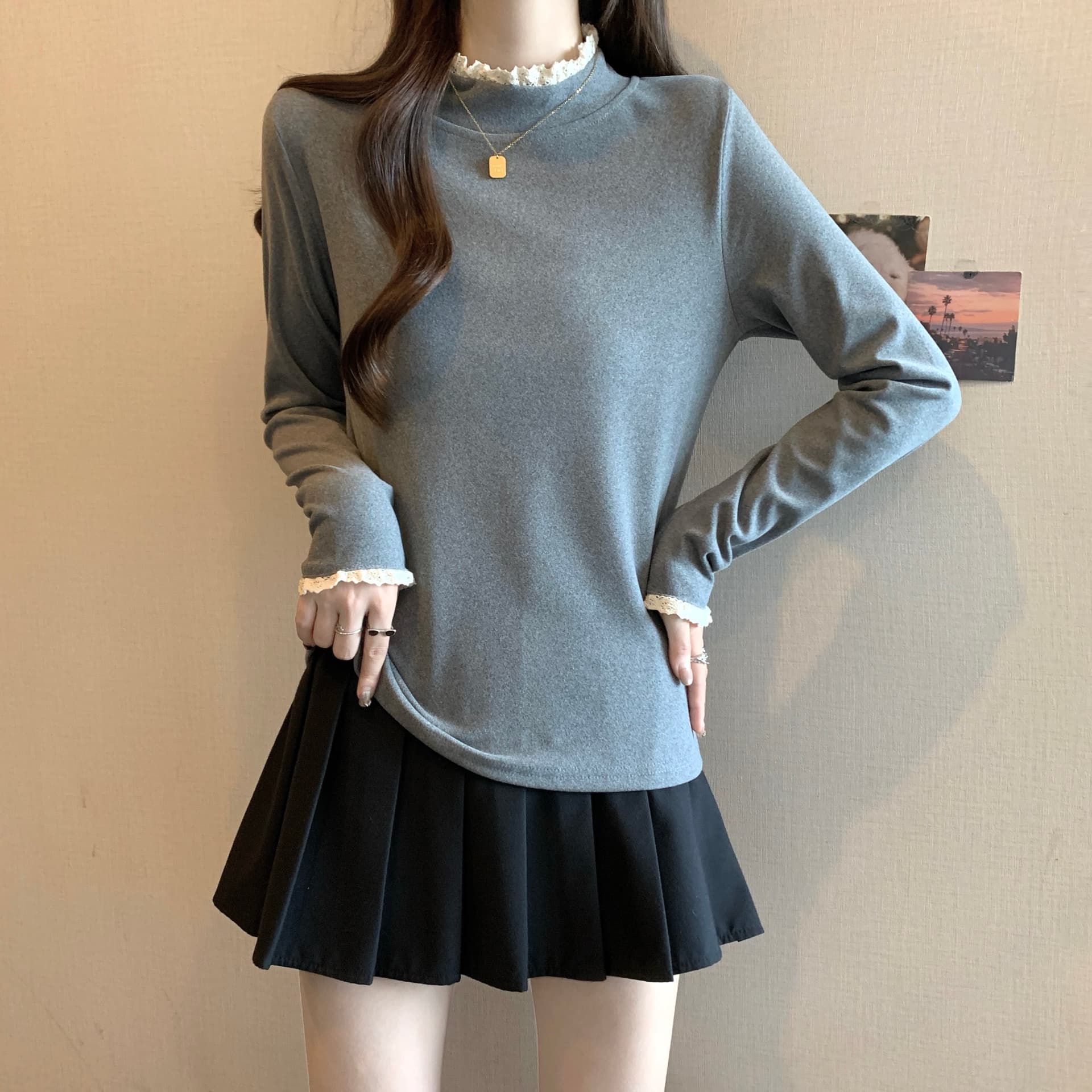 실사 빅 사이즈 De 플러시 레이스 양면 프릴 반하이넥 기본 셔츠 여성 가을 겨울 털이 있는 맨위 1832 상세 이미지 8