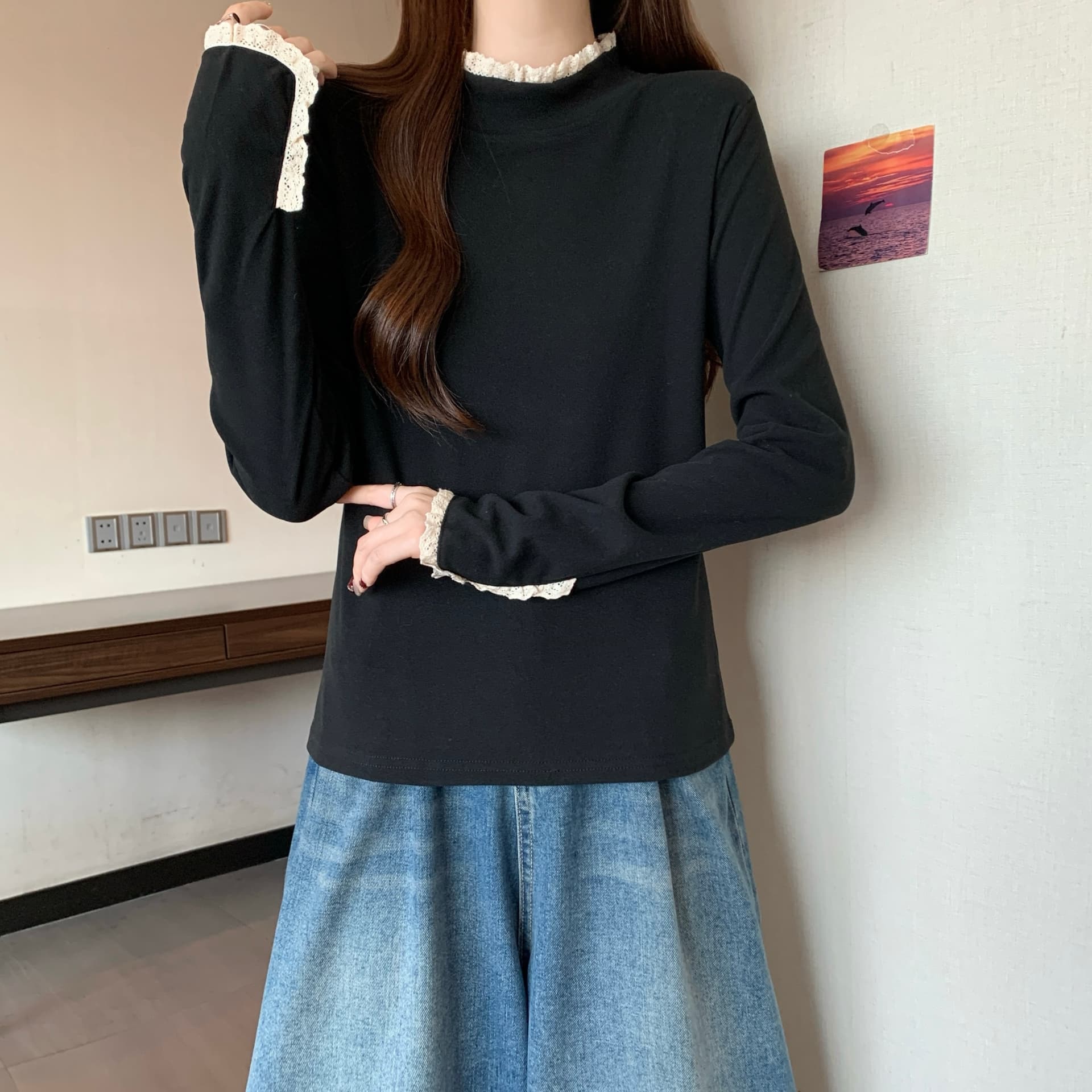 실사 빅 사이즈 De 플러시 레이스 양면 프릴 반하이넥 기본 셔츠 여성 가을 겨울 털이 있는 맨위 1832 상세 이미지 14