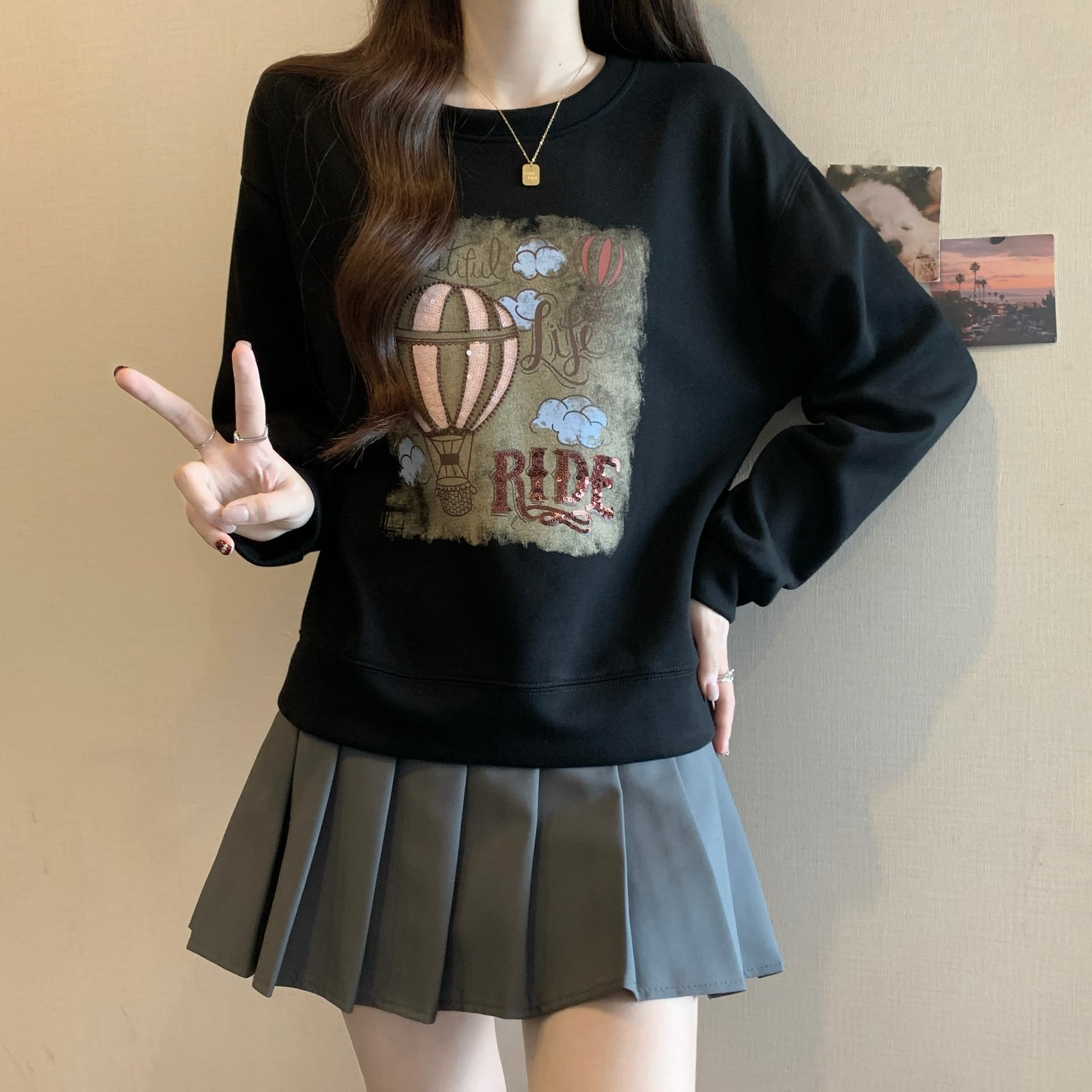 실사 빅 사이즈 가을 겨울 긴팔 패션 캐주얼 귀여운 풍선 다용도 슬림해 보이는 자수 라운드 넥 후드티 1821 이미지 4
