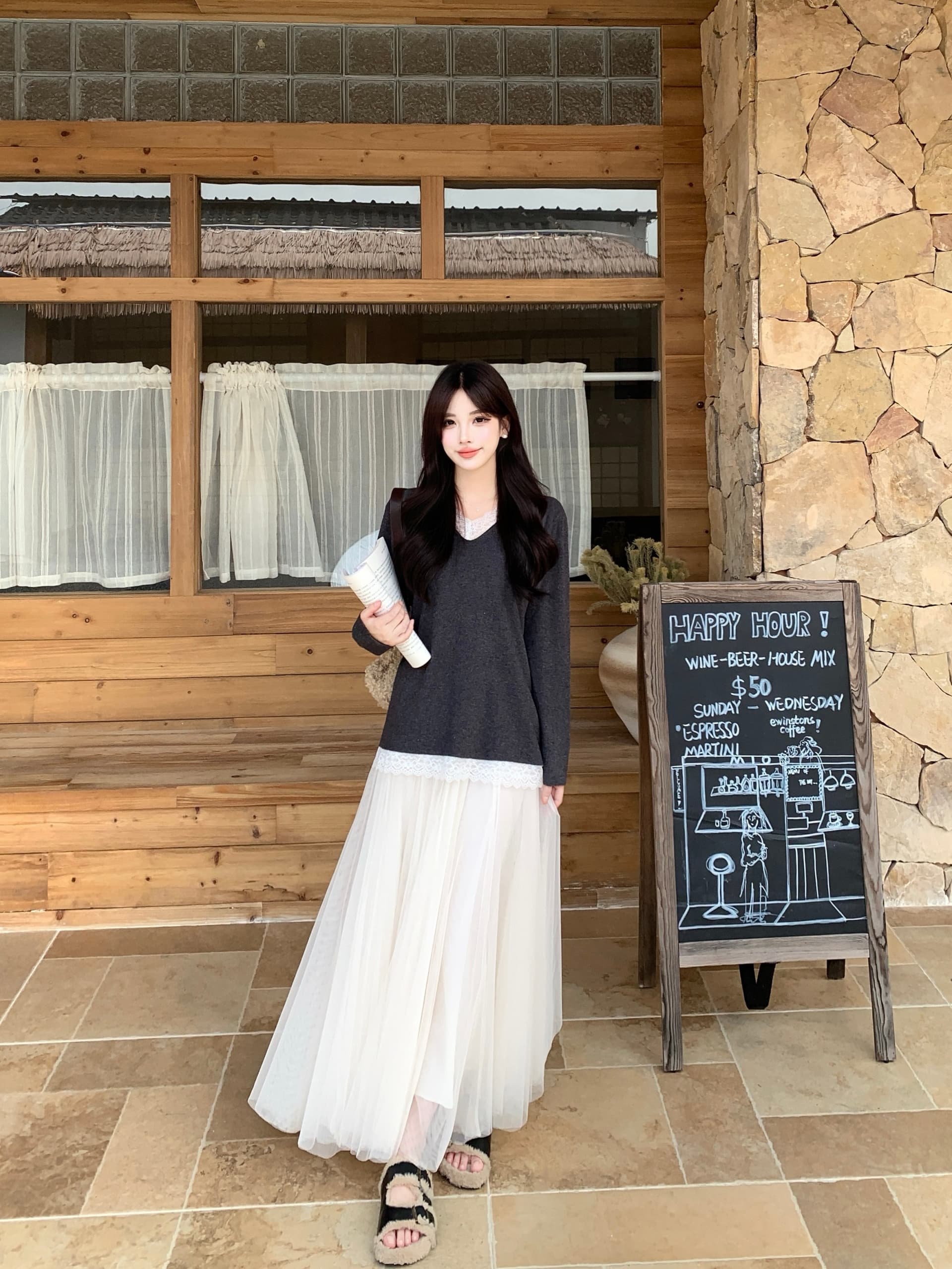실사 빅 사이즈 페이크 레이어드 레이스 조각 V넥 니트 스웨터 화이트 망사 반신 치마 세트 여성 8053 상세 이미지 5