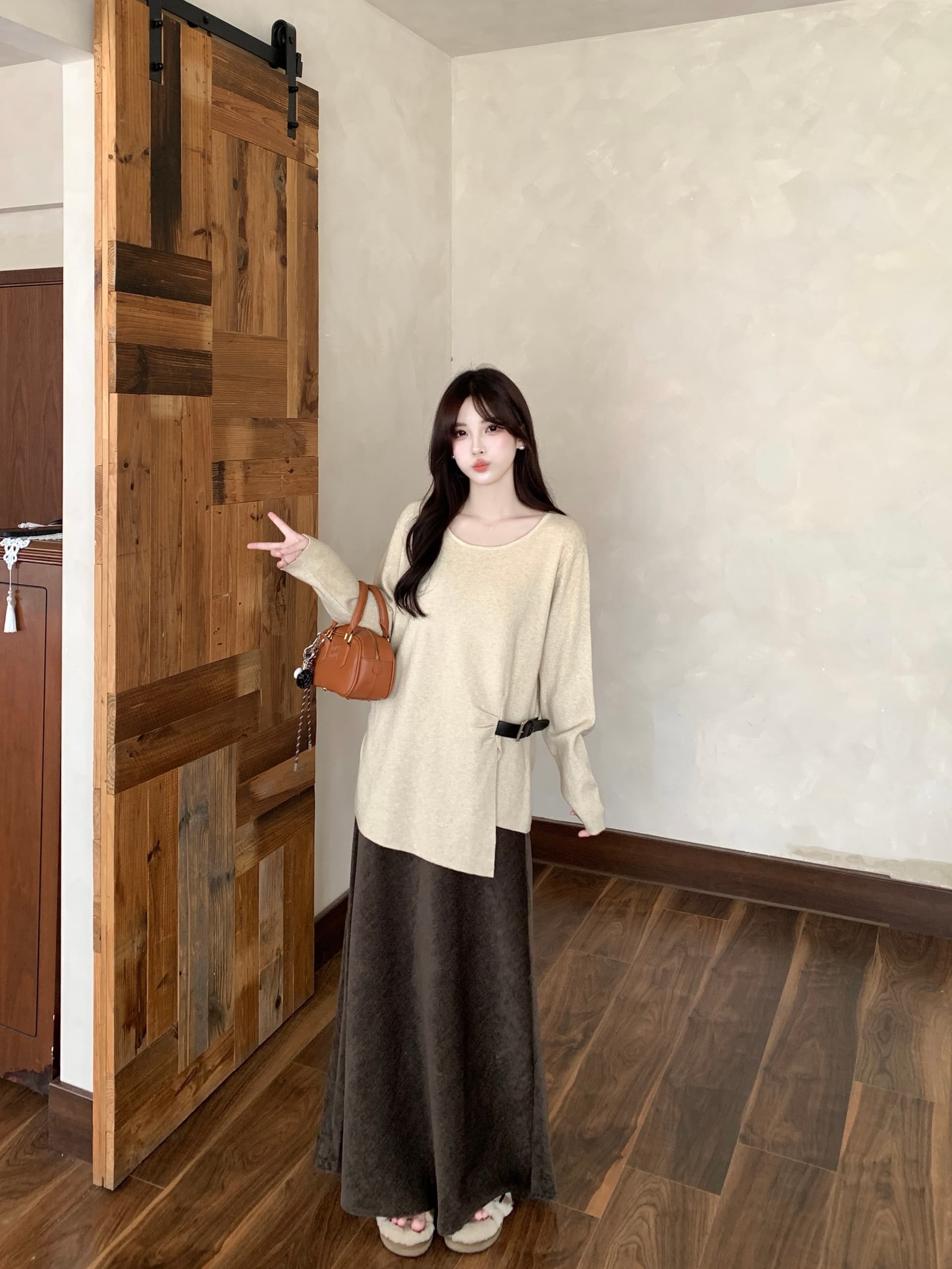 실사 빅 사이즈 디자인 센스 라운드 넥 긴팔 불규칙 트임 니트 맨위 레트로 하이웨이스트 반신 스커트 8052 상세 이미지 10