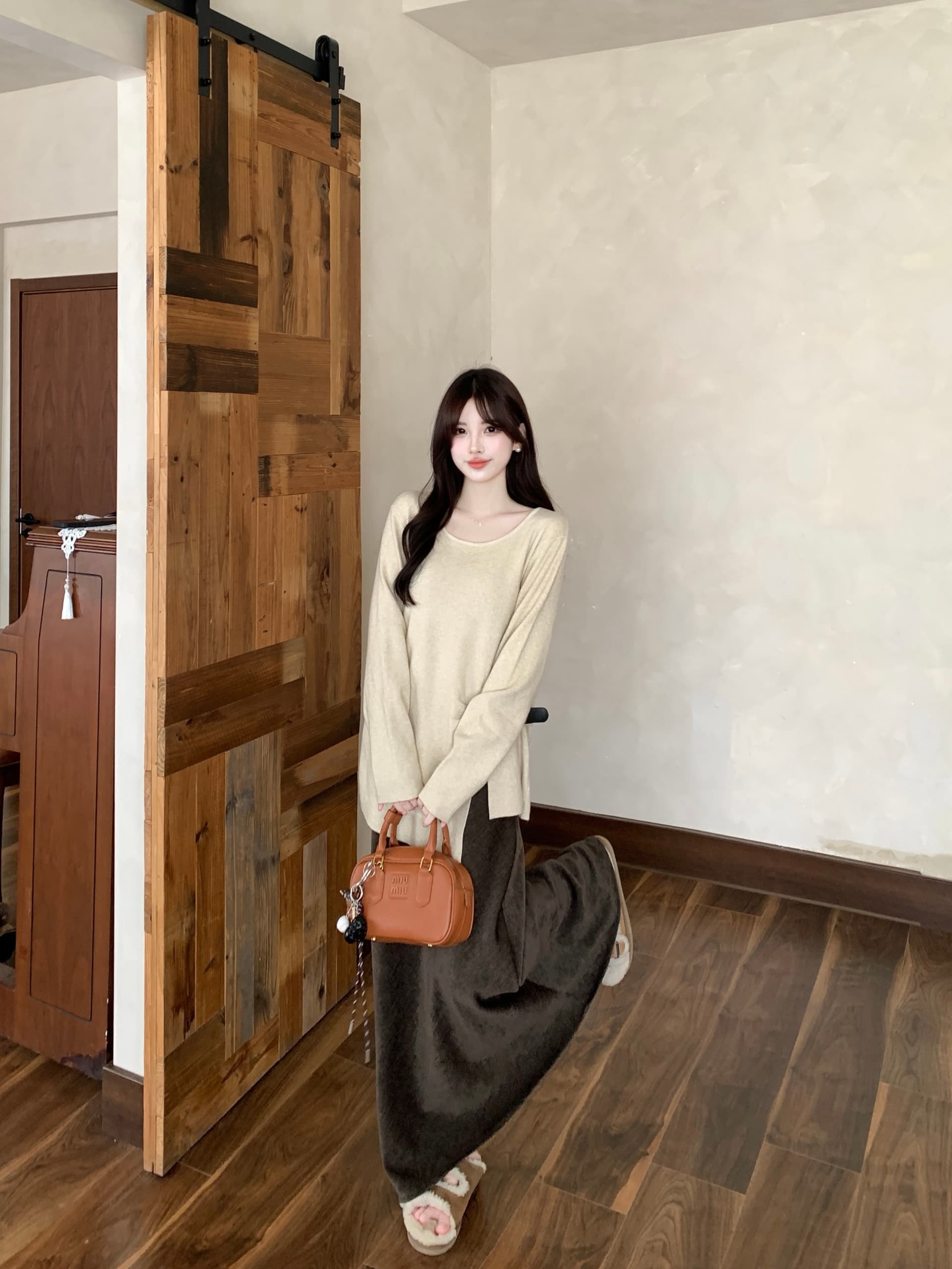 실사 빅 사이즈 디자인 센스 라운드 넥 긴팔 불규칙 트임 니트 맨위 레트로 하이웨이스트 반신 스커트 8052 상세 이미지 12