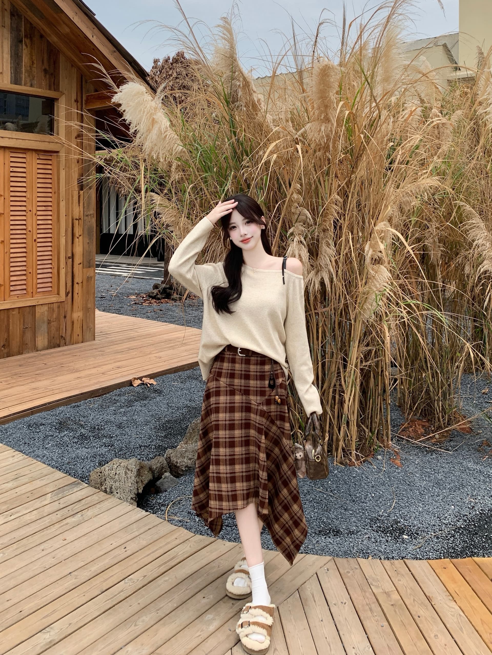 실사 빅 사이즈 보트넥 익스트림 제인 가을 오프숄더 슬림해 보이는 스웨터 맨위 레트로 체크무늬 한 마디 빅 플레어 스커트 여성 8051 상세 이미지 9